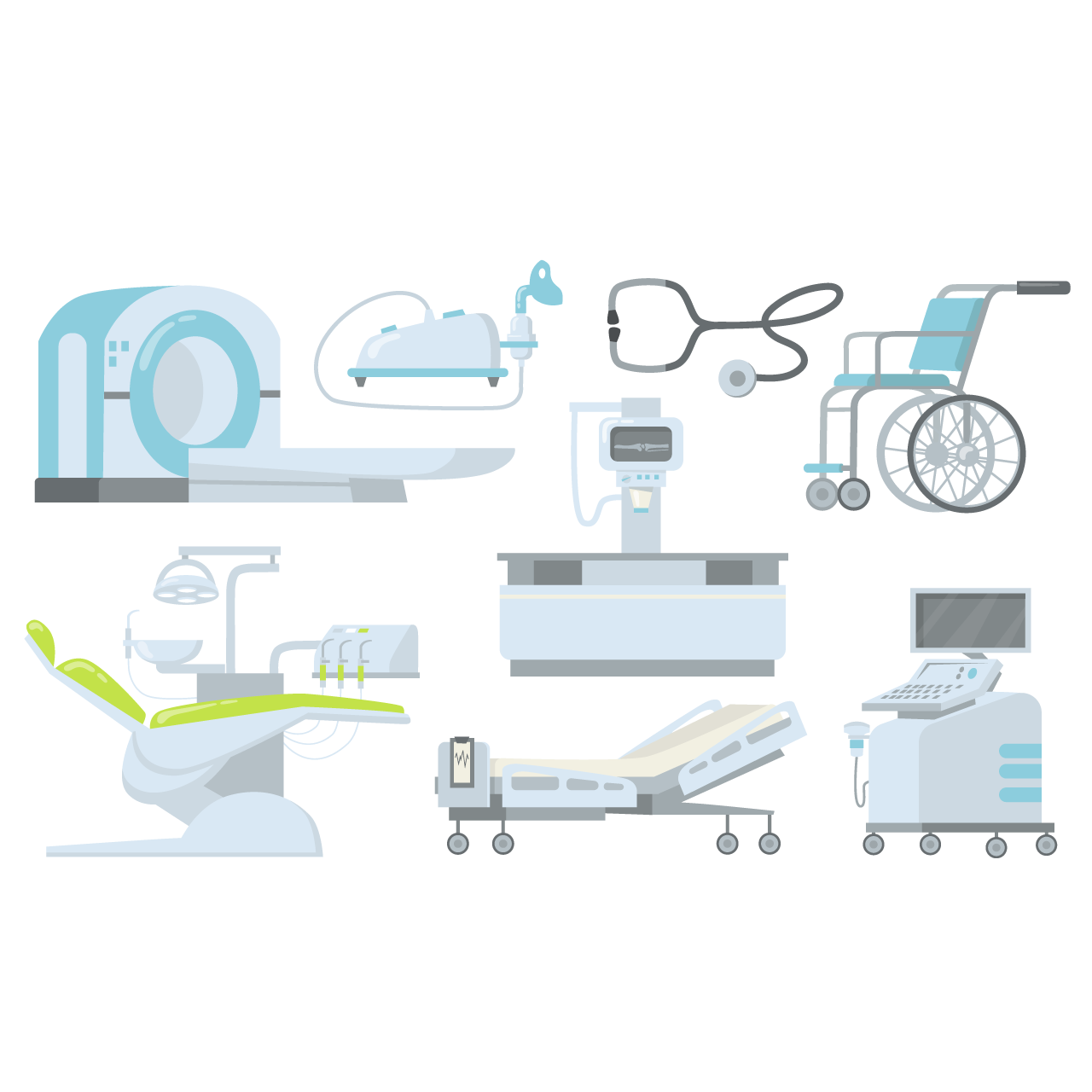 Clinic hospital medical devices flat item set cartoon illustration image