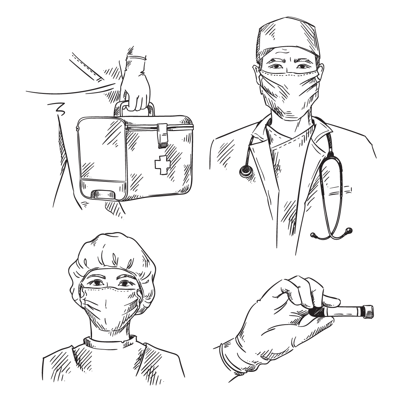 Set medicine themed icons doctor nurse wearing masks first aid kit transparent background png