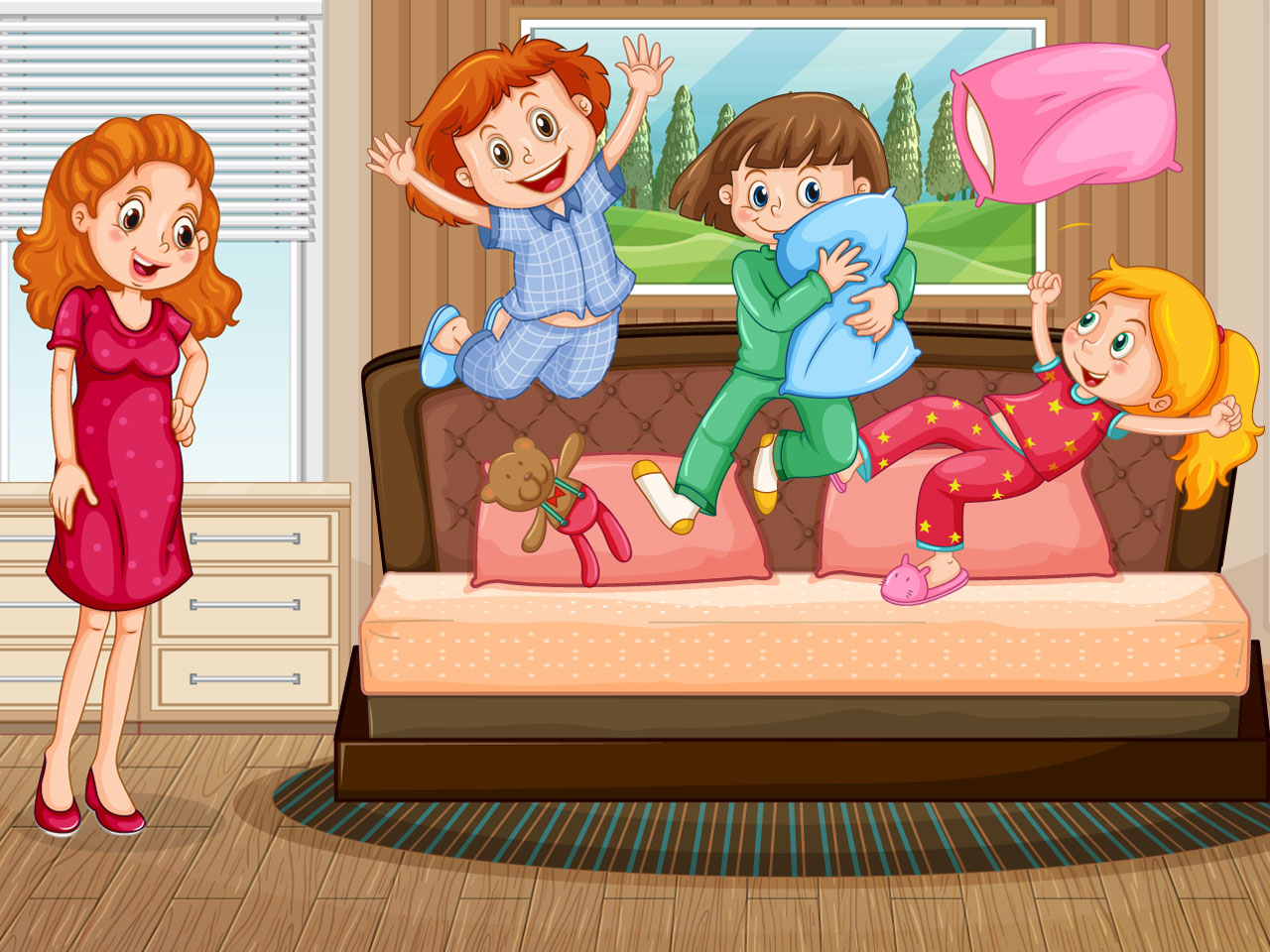 Bedroom scene with mother looking her children jumping bed clipart