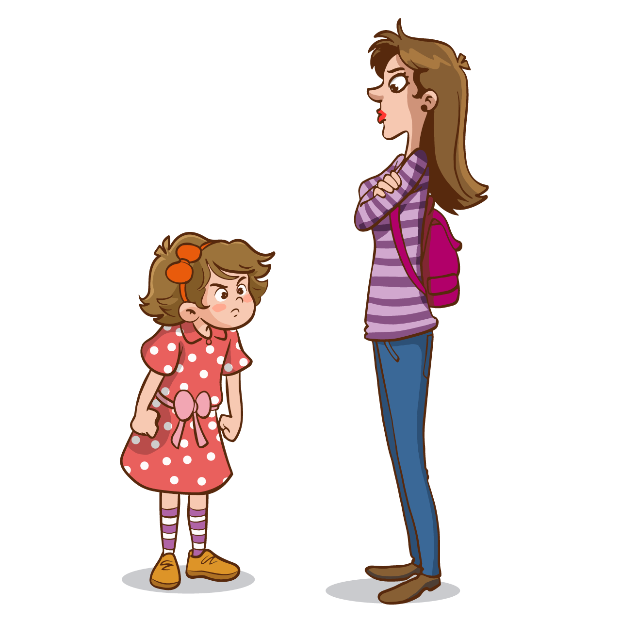 Mom try talk with her angry kid girl cartoon clipart transparent background