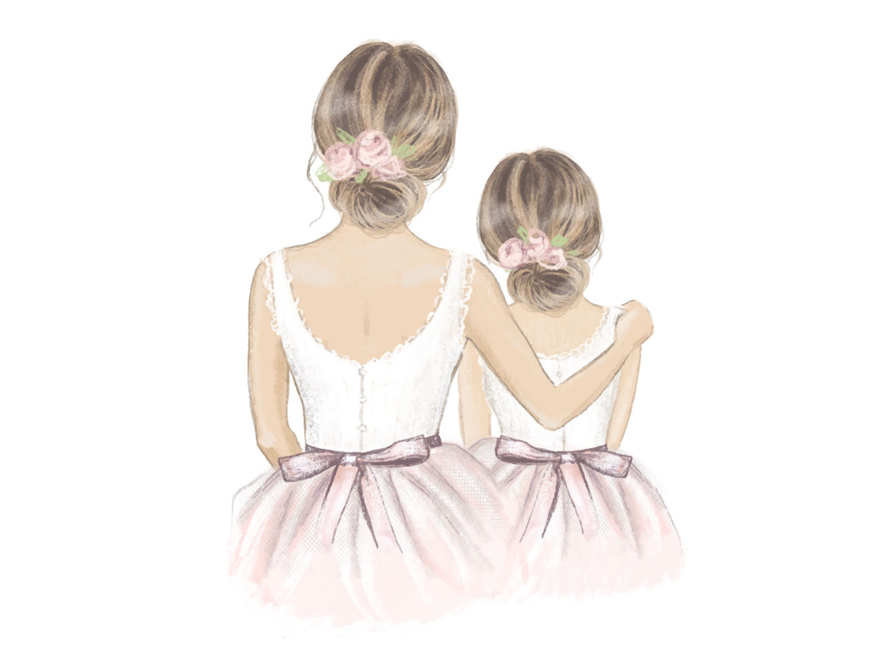 Mother and daughter with flower girl hand drawn illustration