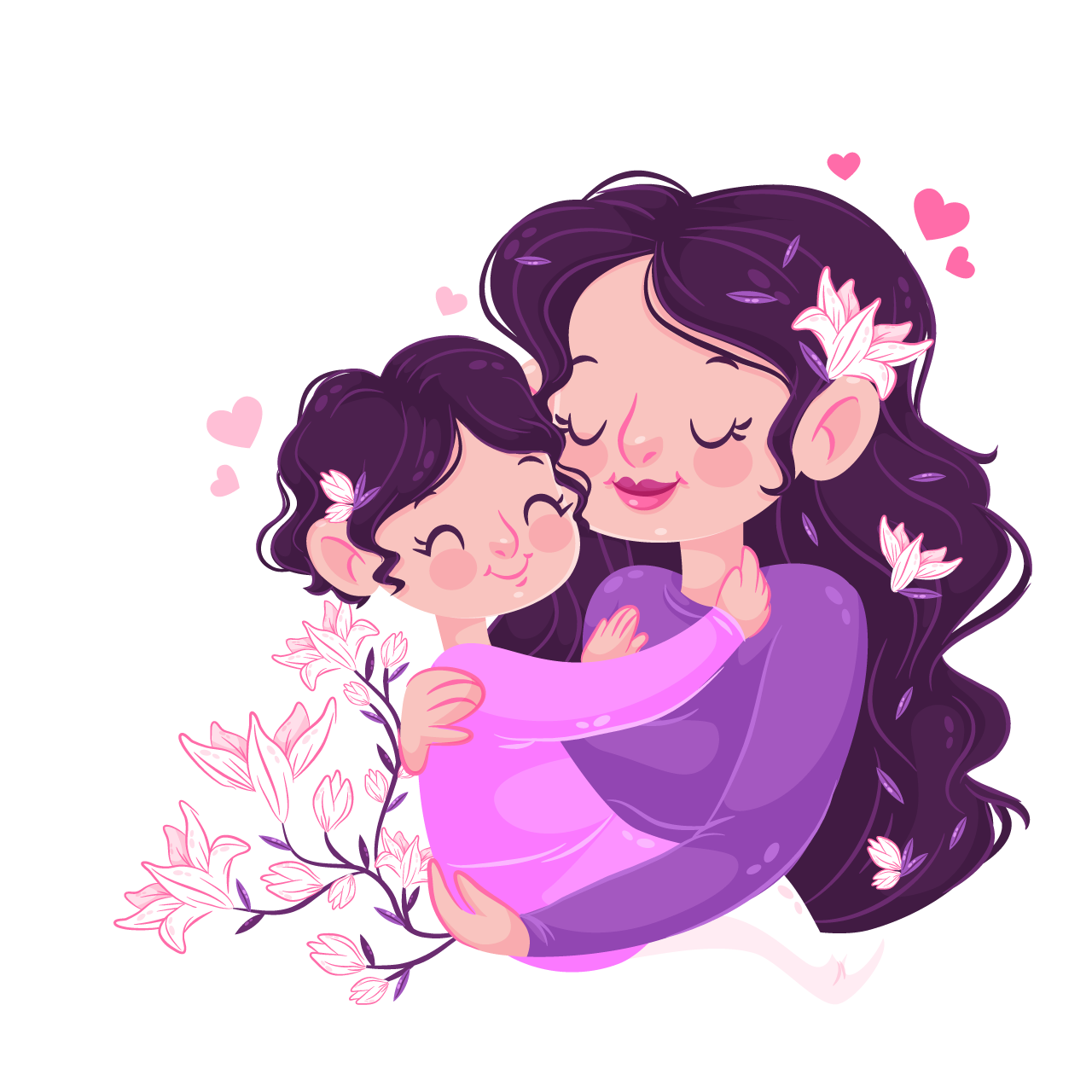 Mother child hugging holding branch flowers cartoon