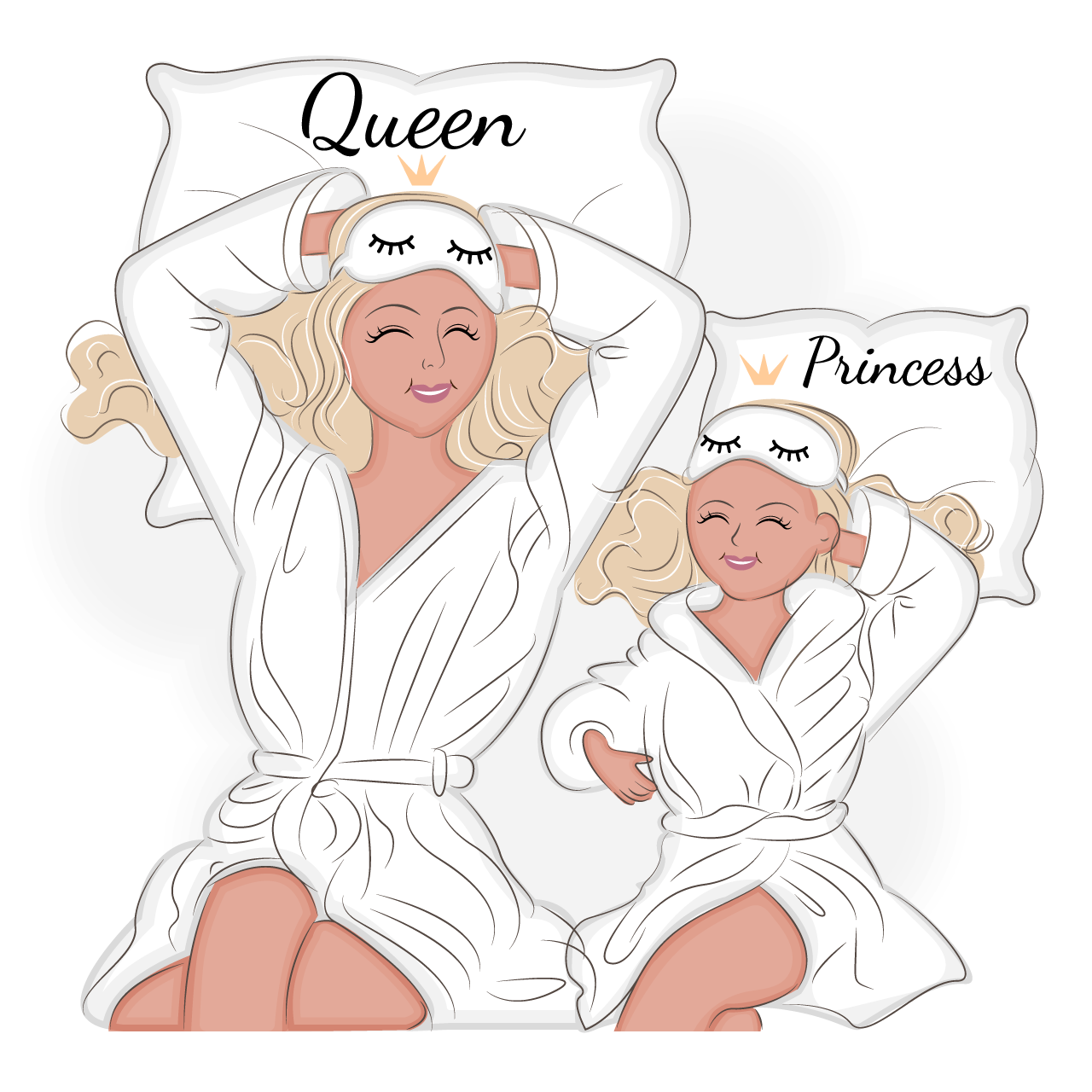 Mother daughter robe lying bed pajama party cute illustration