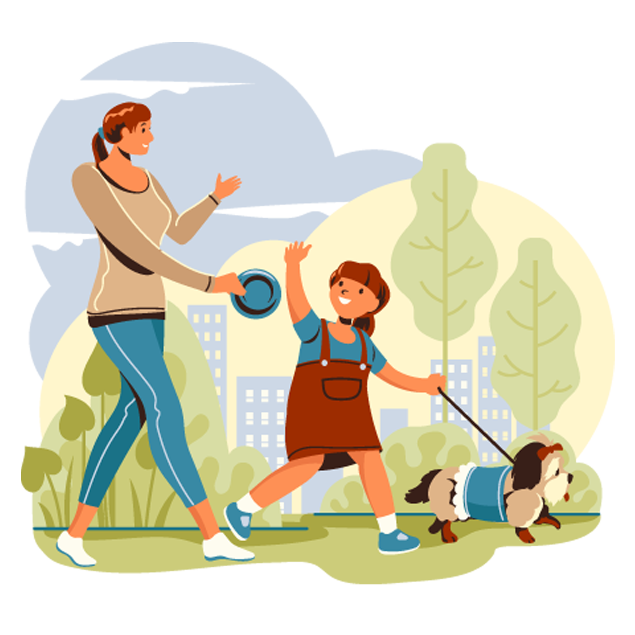 Mother daughter taking walk with their dog clipart transparent background