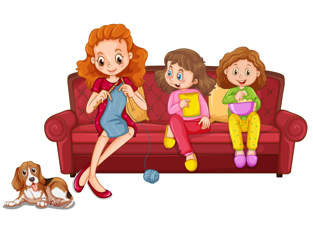 Two girls eating snack mother knitting sofa clipart