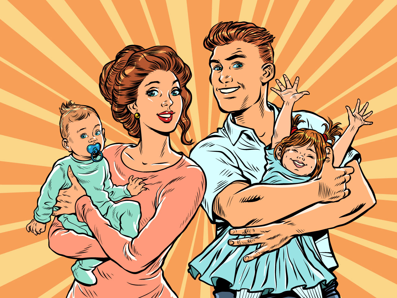 Family mom dad with children their arms pop art retro illustrations cartoon style