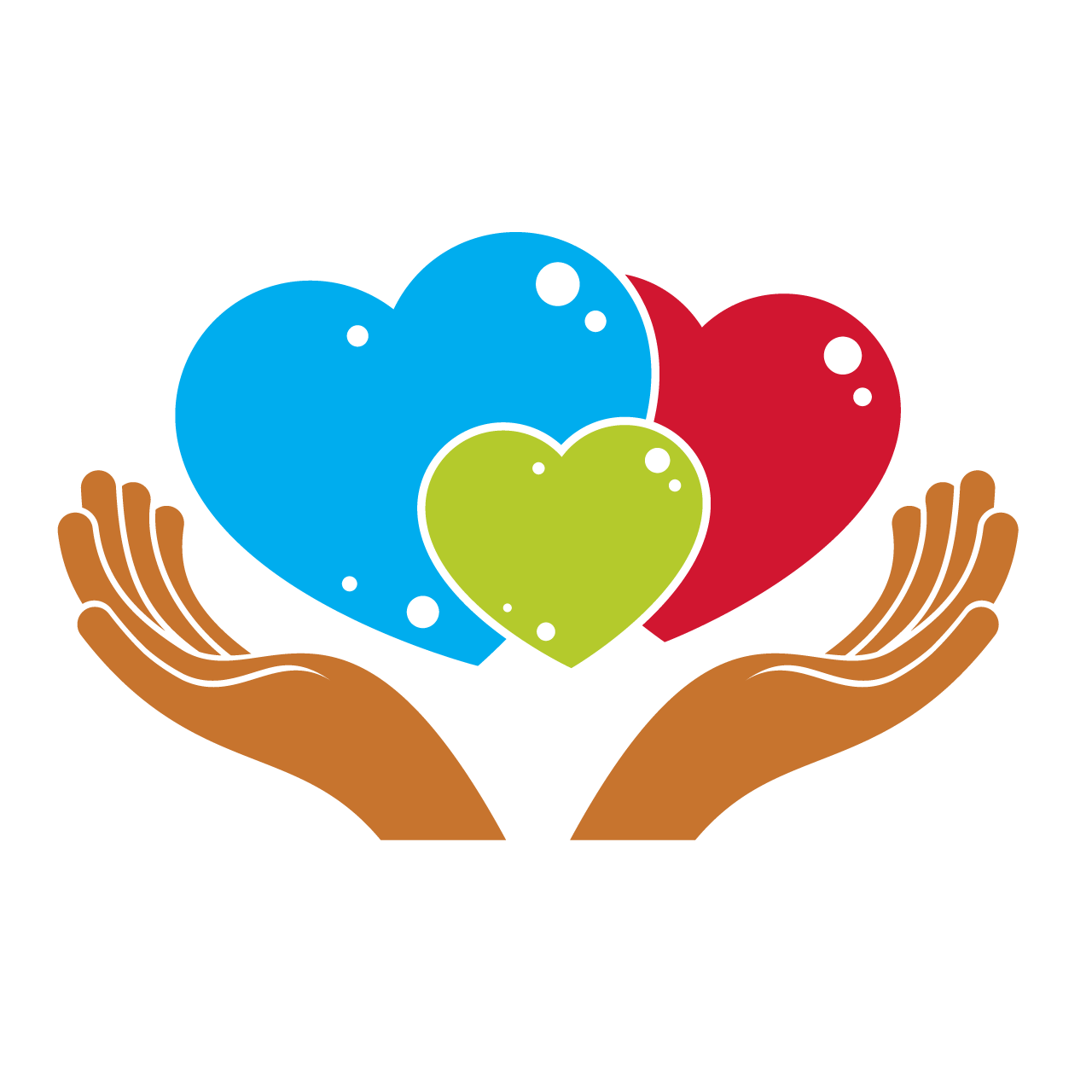 Happy family logo icon created with three colorful hearts different sizes care hands tender loving relationship father mother child together as one system relations