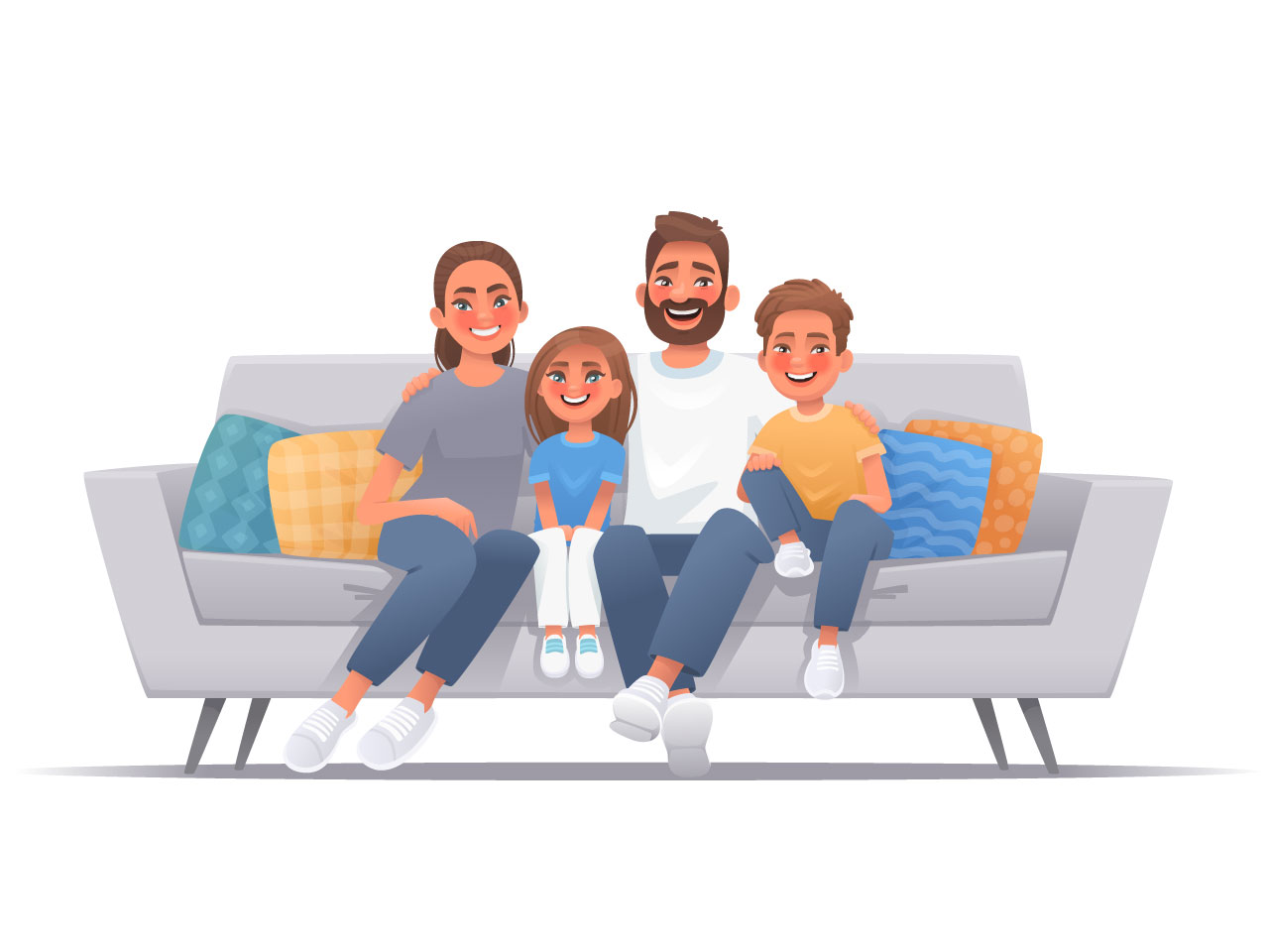 Happy family sitting sofa mom dad son daughter smiling sitting couch happiness love comfort
