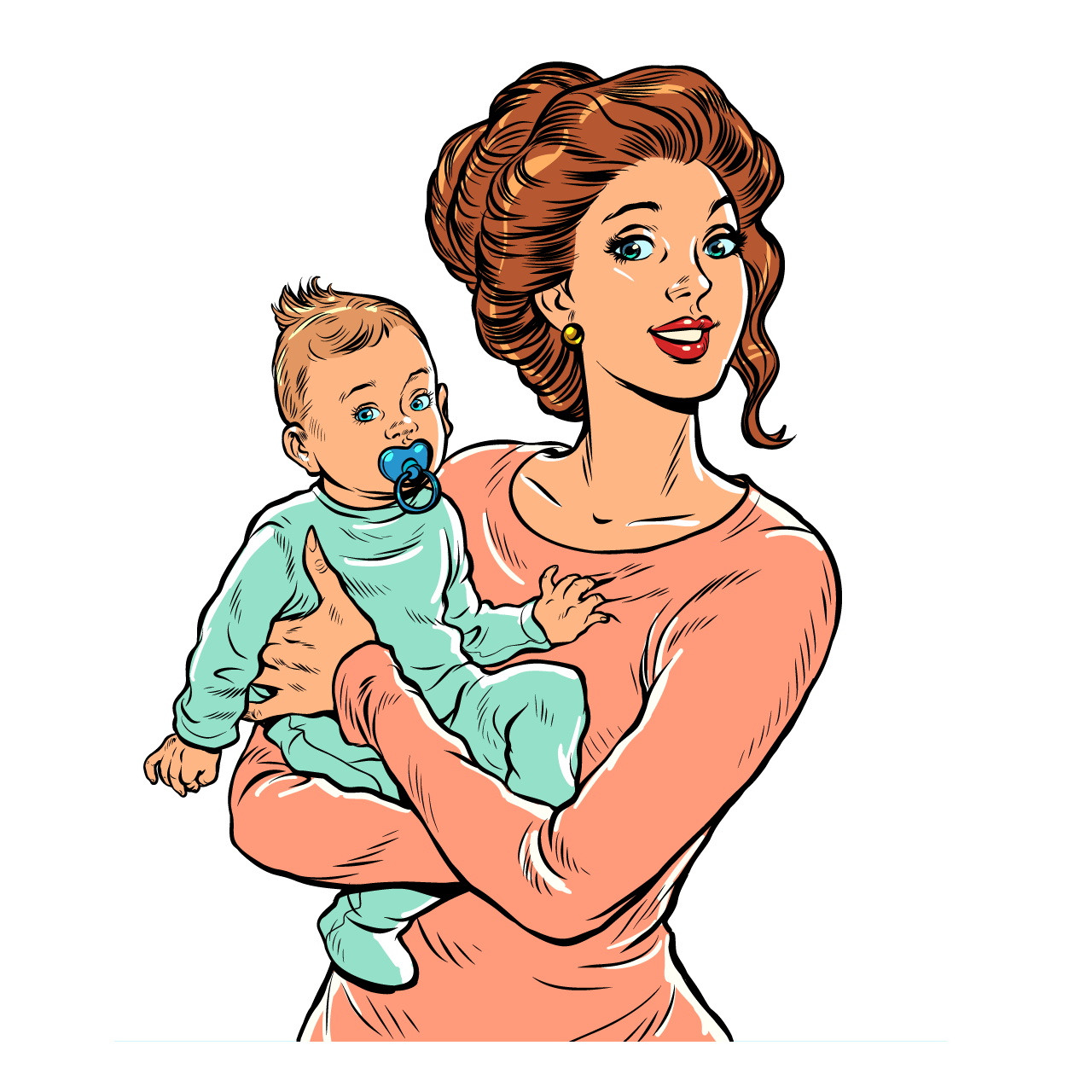 Joyful mother with child her arms mothers day pop art retro style beautiful woman motherhood