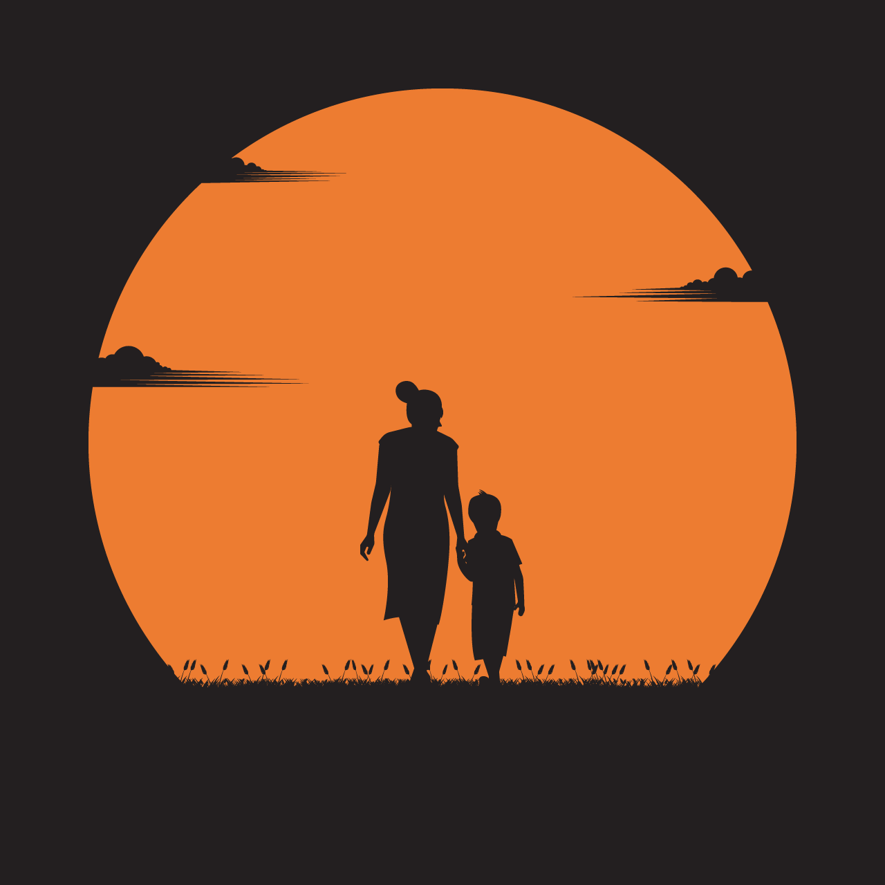 Mother day concept mother walked hand with her son sunset holiday silhouette illustration flat design
