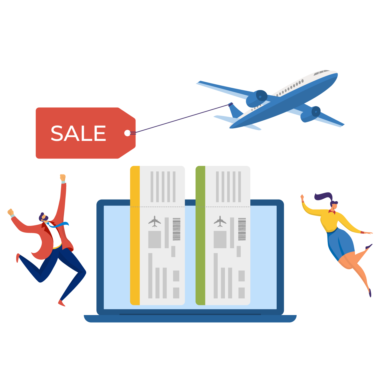 People jump ticket sale travel by plane flight flat woman man tourist character plan vacation trip online transparent background image