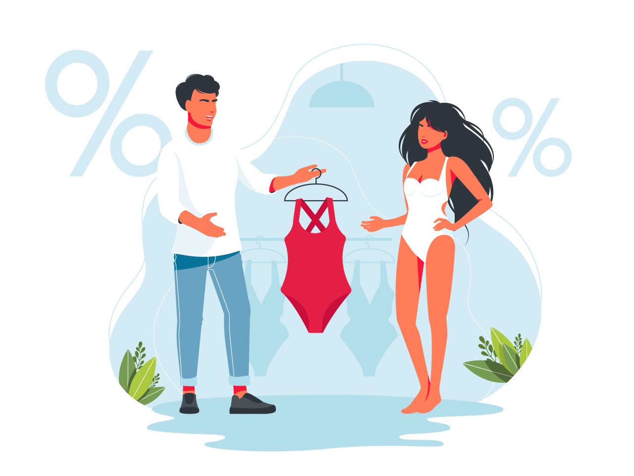 Sale clipart assistant helps buyer choose swimsuit dress consultant gives woman swimsuit try shopping buying trendy fashionable clothes boyfriend husband buys girl things