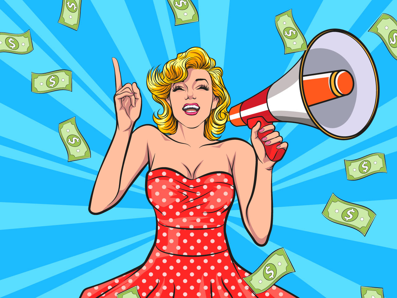 Surprise shocking successful business woman holding megaphone falling money wow omg pop art comics