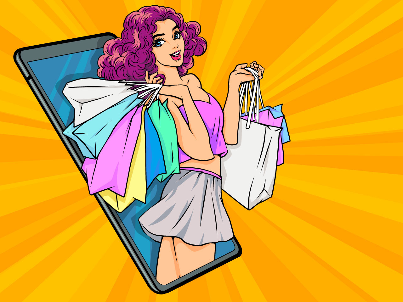 Woman holding shopping bags online store concept pop art comic style clipart image