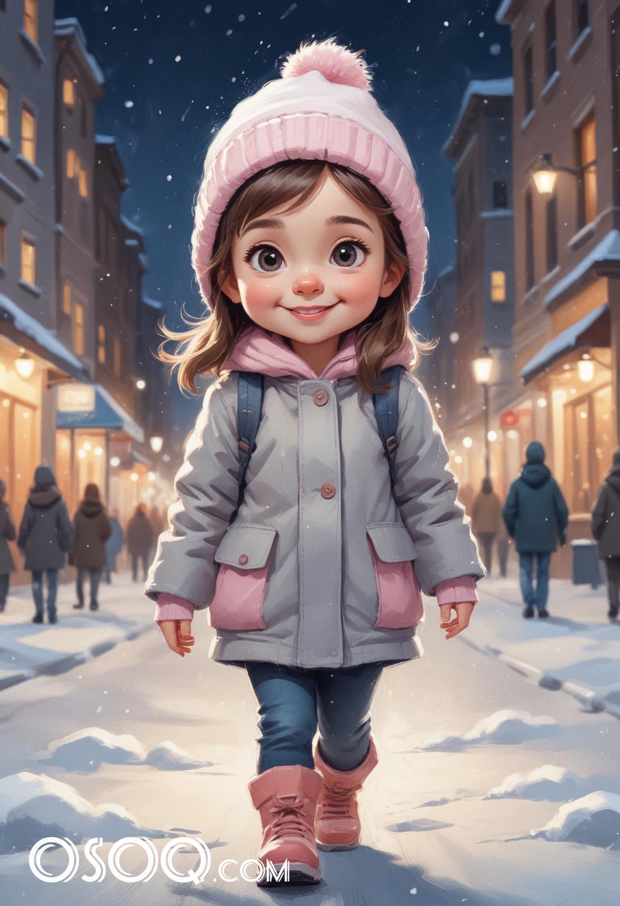 Winter london little girl cartoon portrait drawing 01