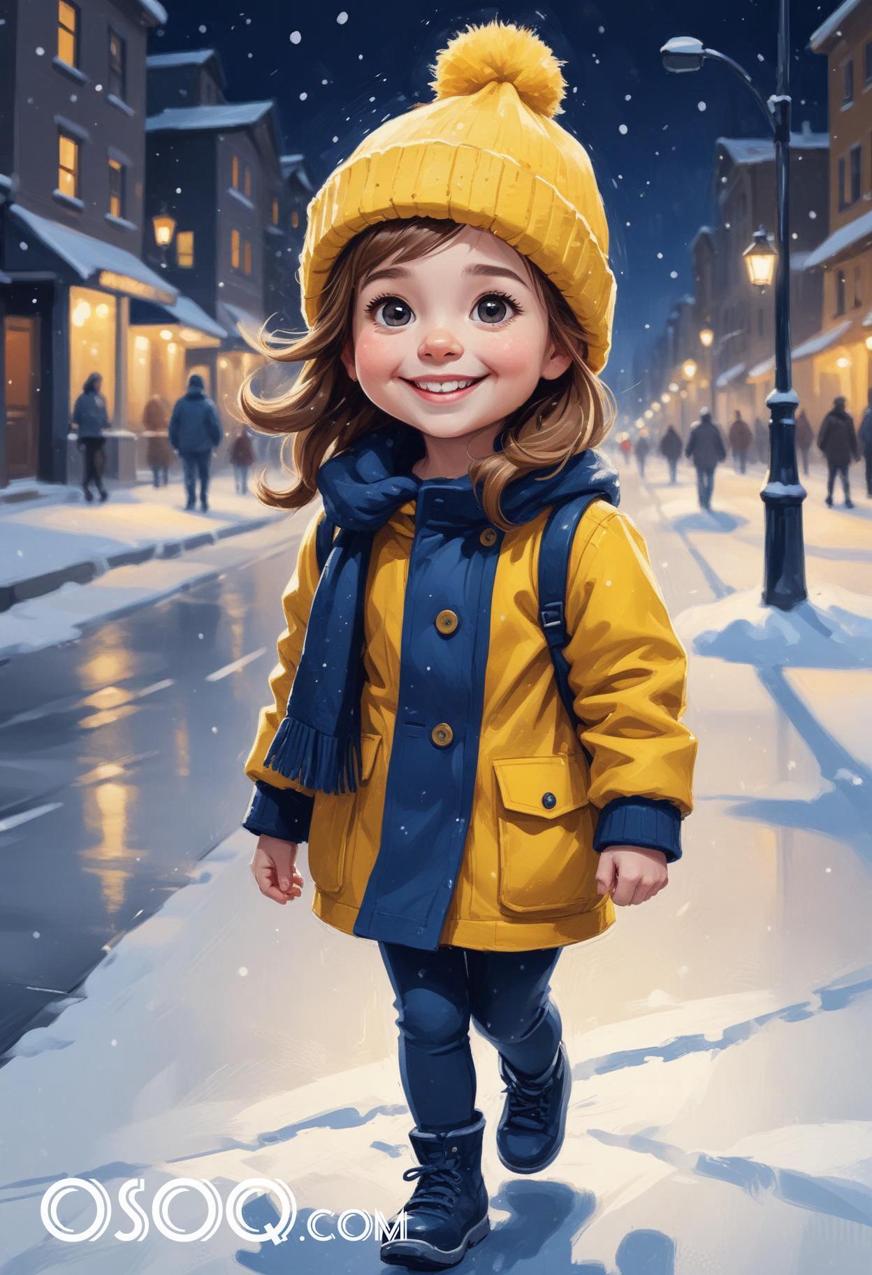 Winter london little girl cartoon portrait drawing 02