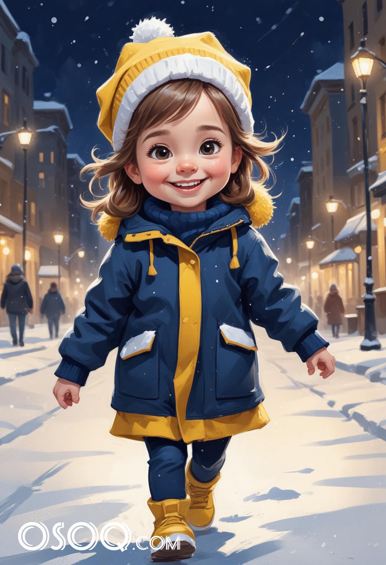 Winter london little girl cartoon portrait drawing 03