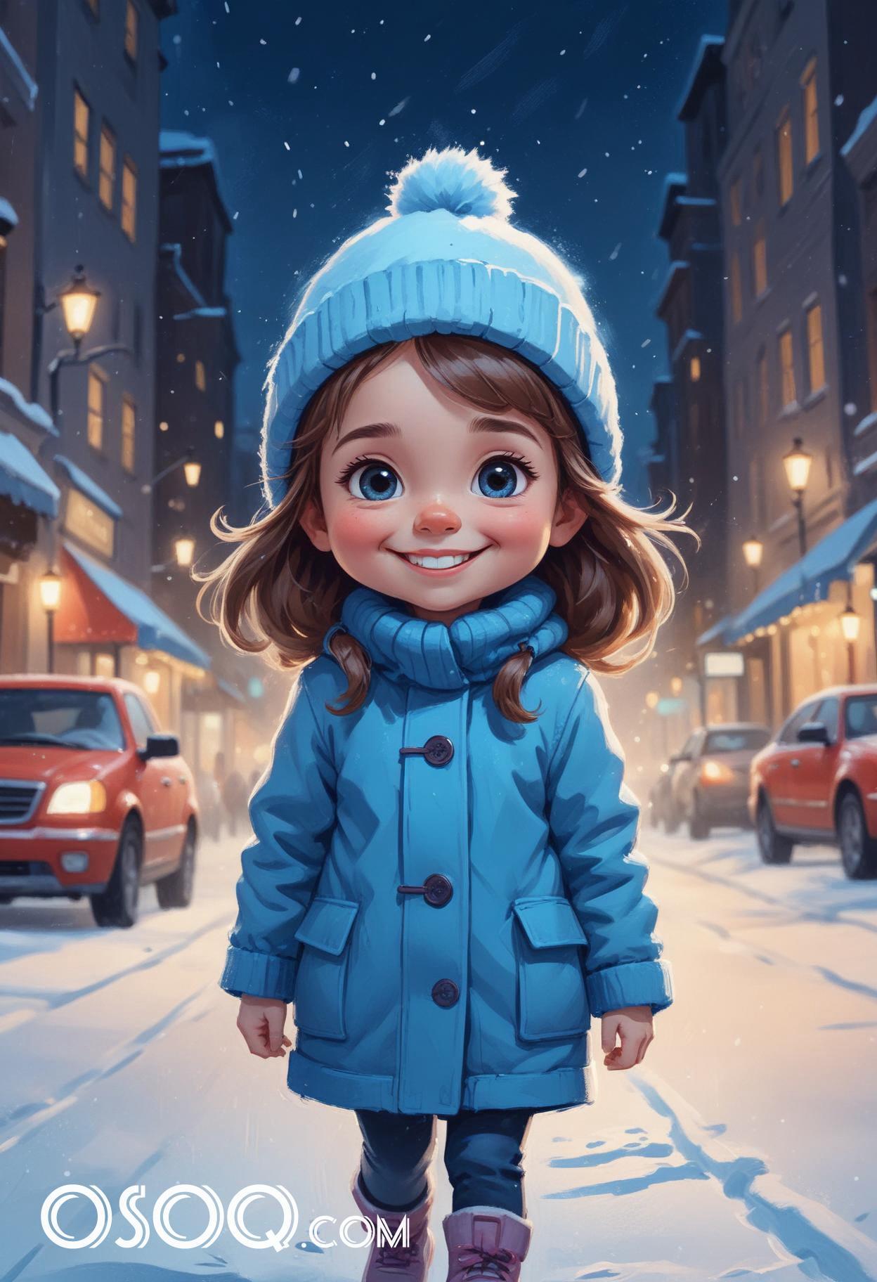 Winter london little girl cartoon portrait drawing 04