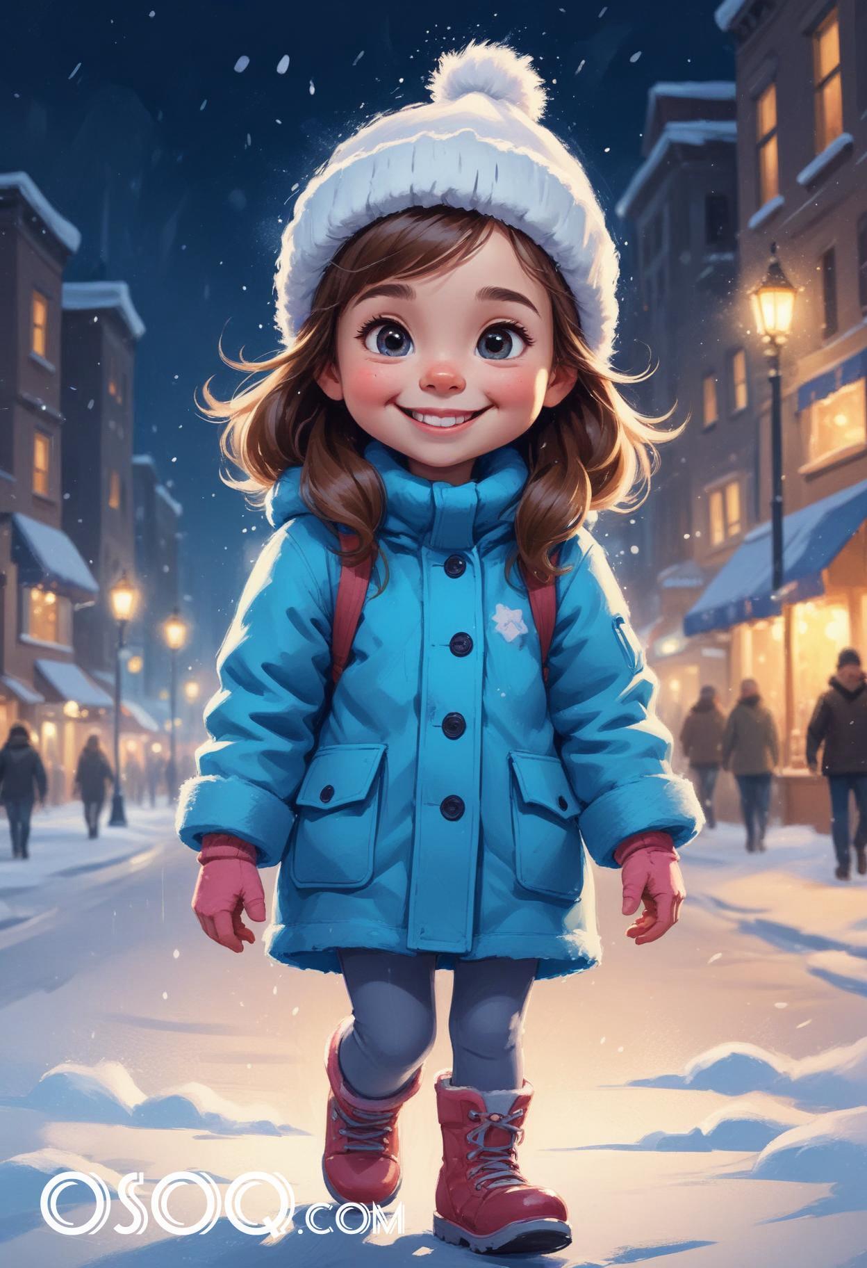 Winter london little girl cartoon portrait drawing 05