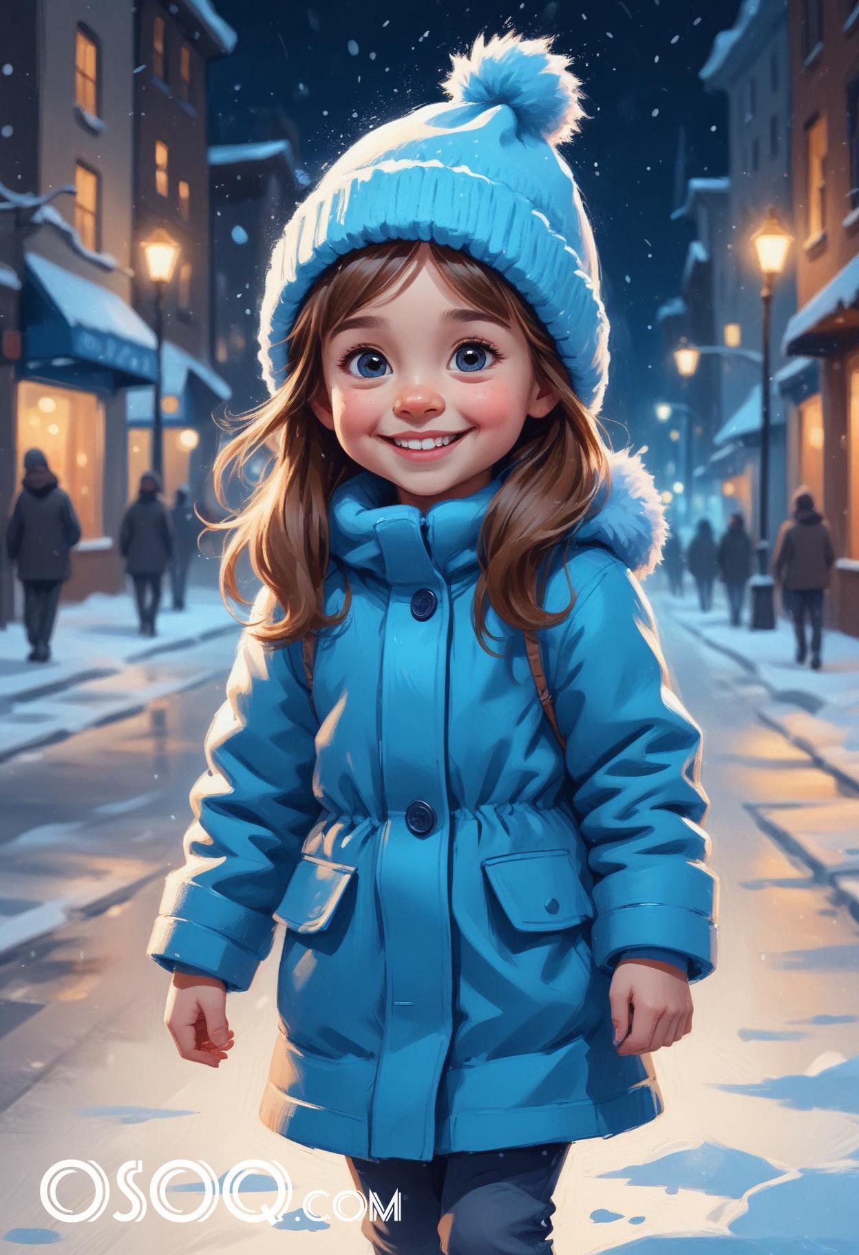 Winter london little girl cartoon portrait drawing 06