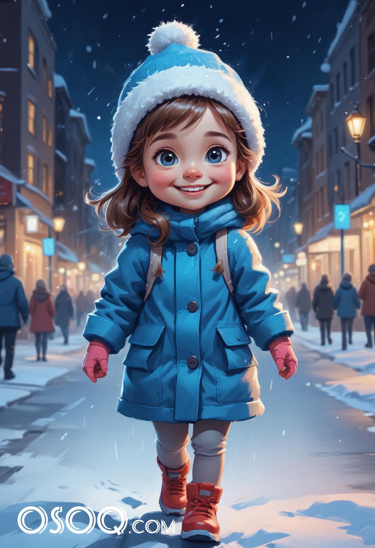 Winter london little girl cartoon portrait drawing 07