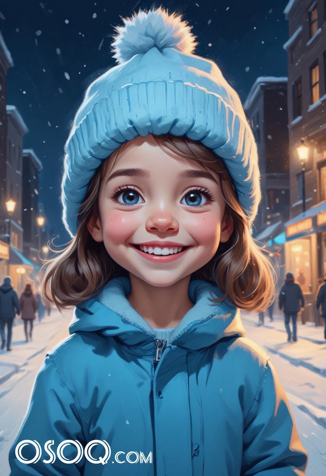 Winter london little girl cartoon portrait drawing 08