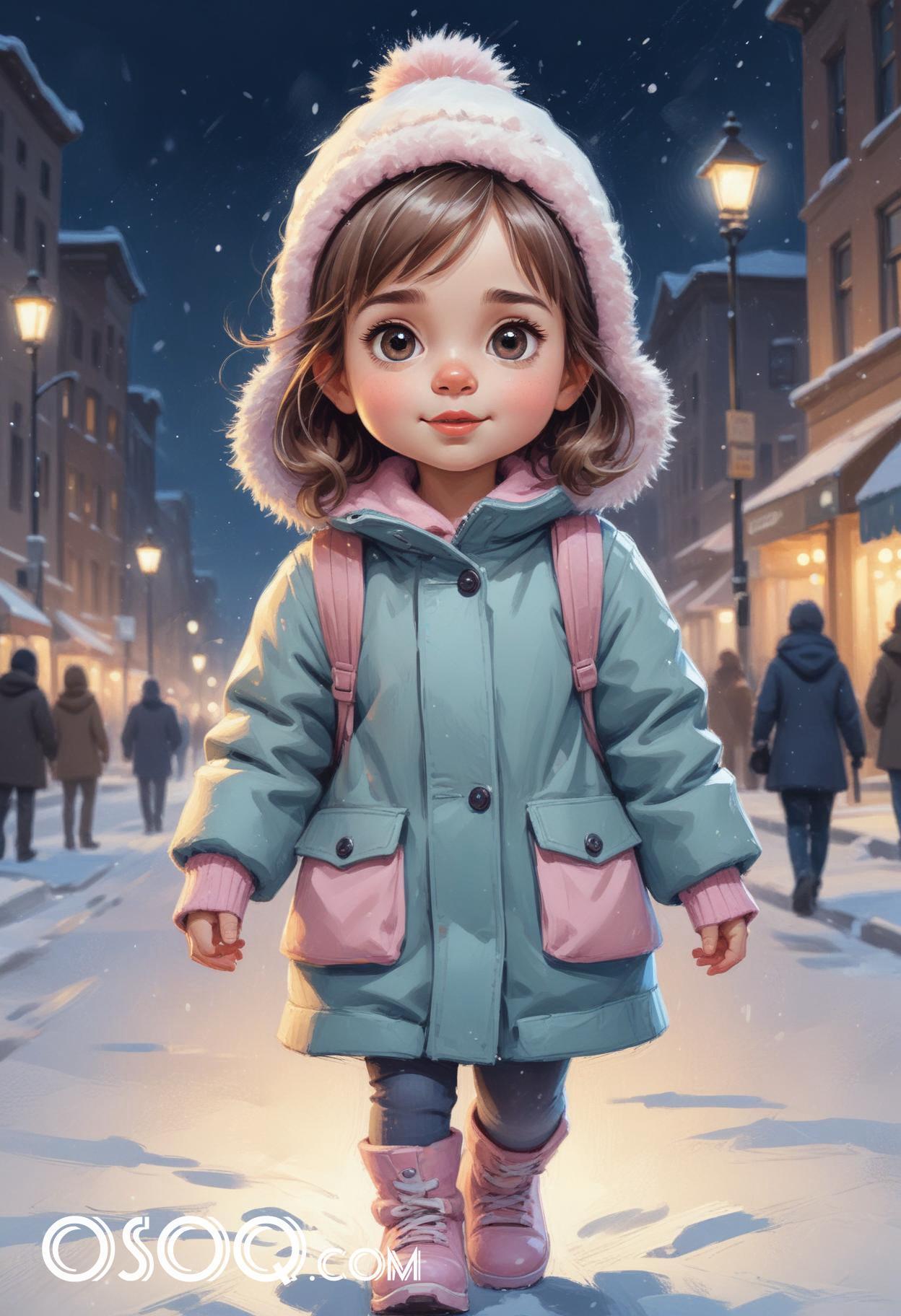 Winter london little girl cartoon portrait drawing 09