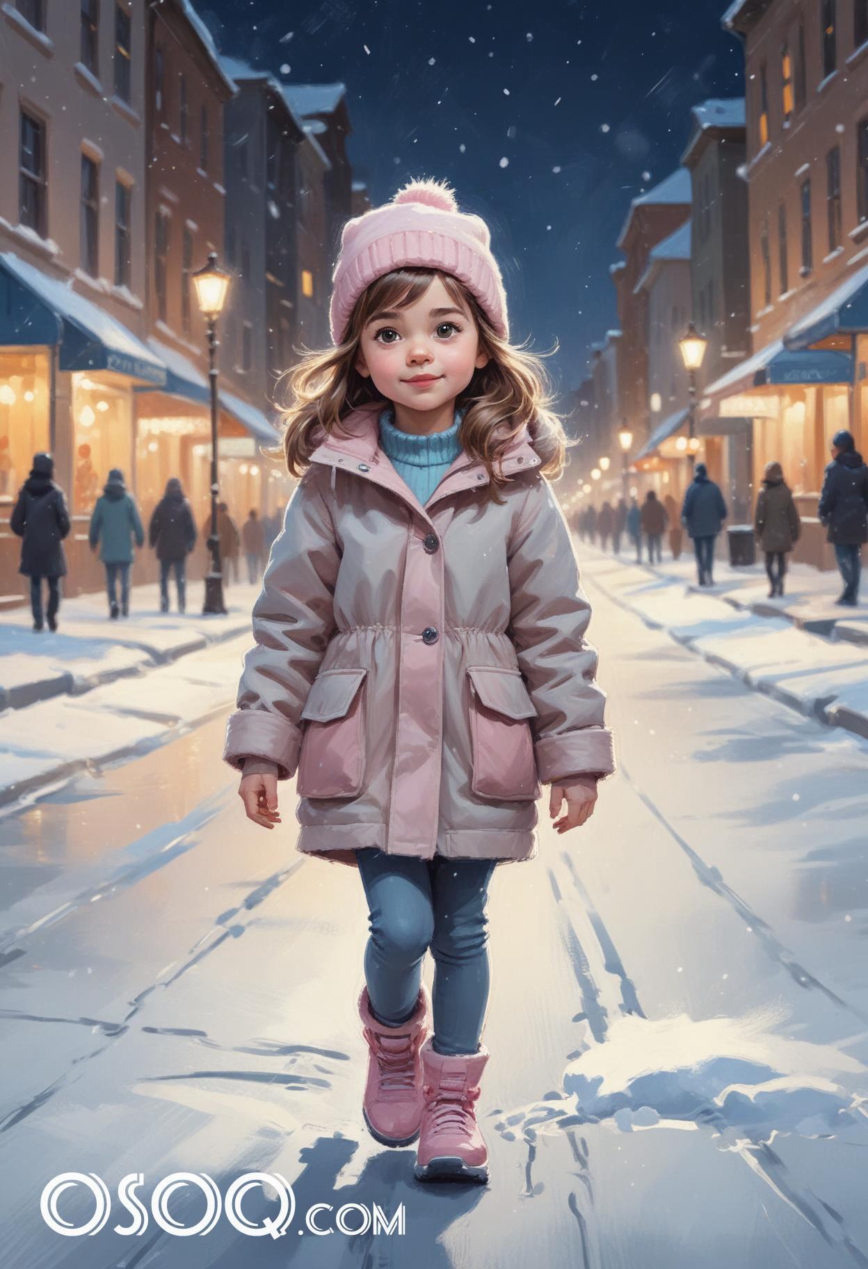 Winter london little girl cartoon portrait drawing 10