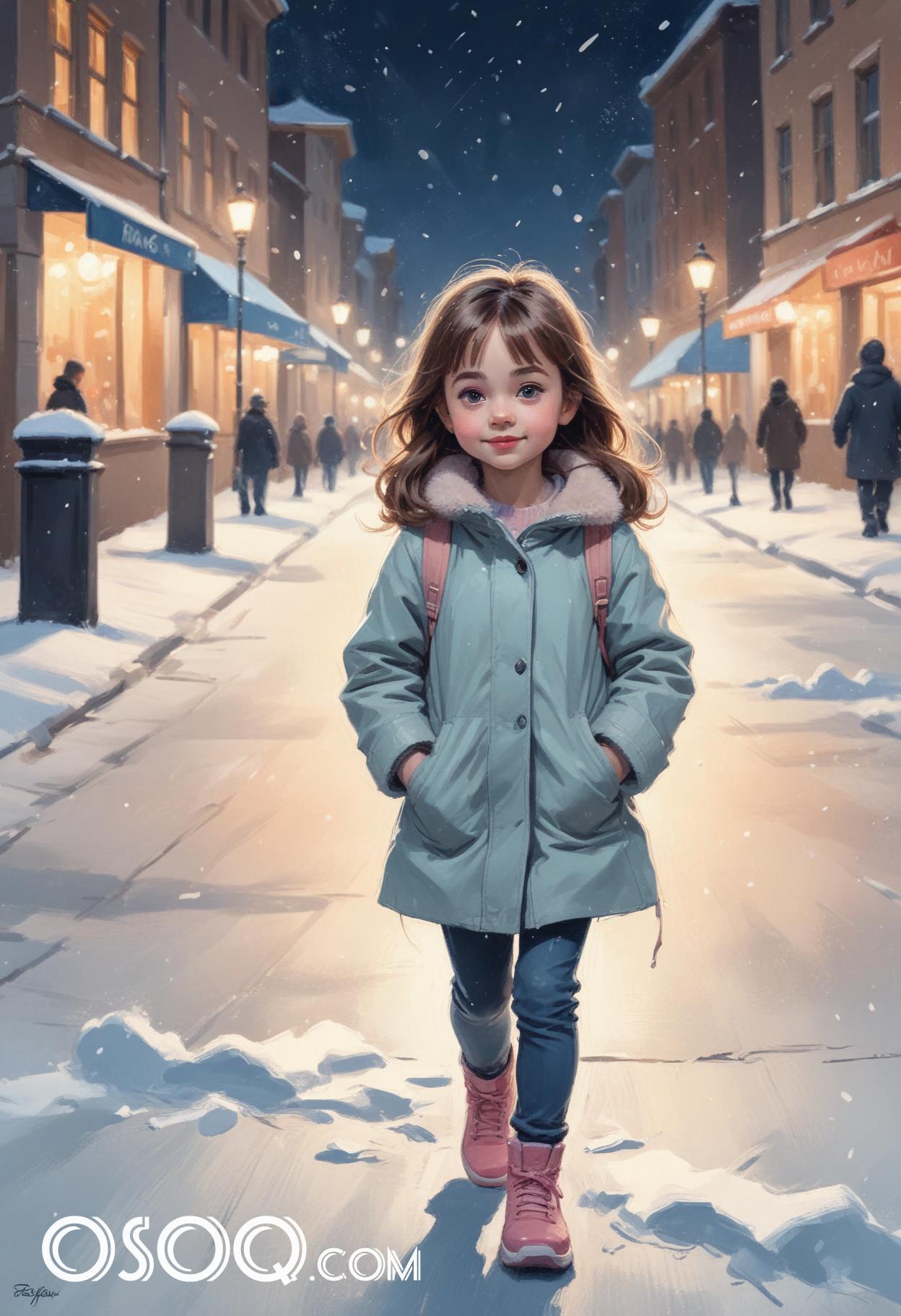 Winter london little girl cartoon portrait drawing 11