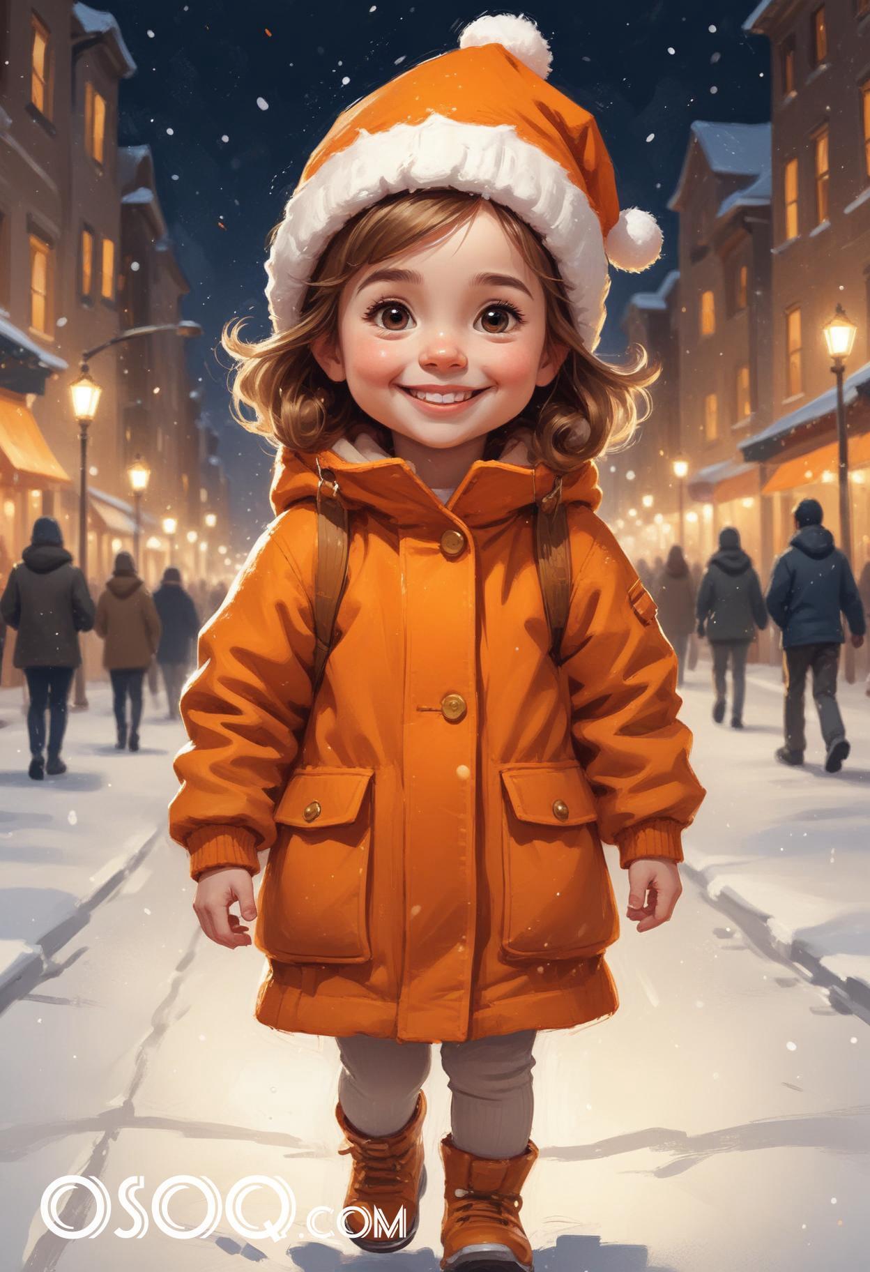 Winter london little girl cartoon portrait drawing 12