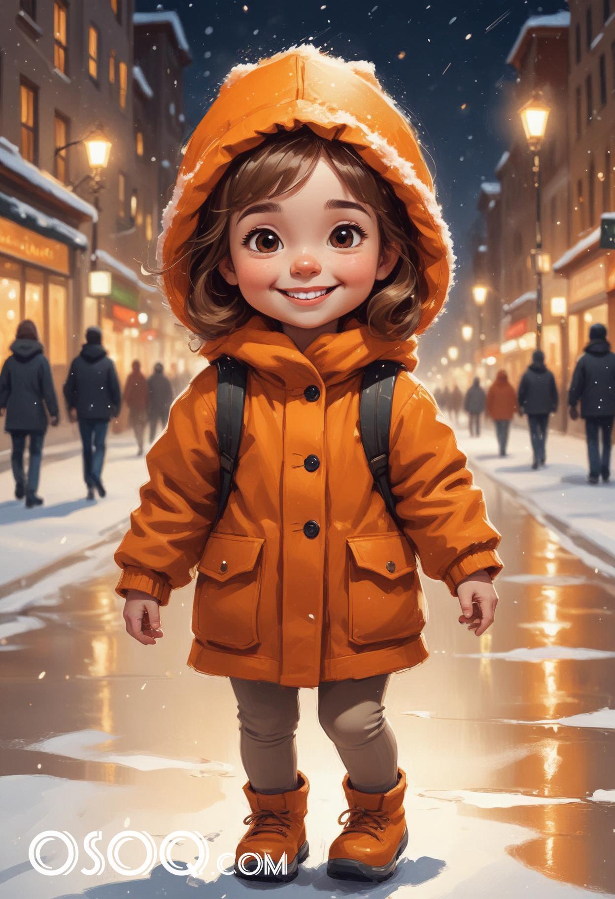 Winter london little girl cartoon portrait drawing 13