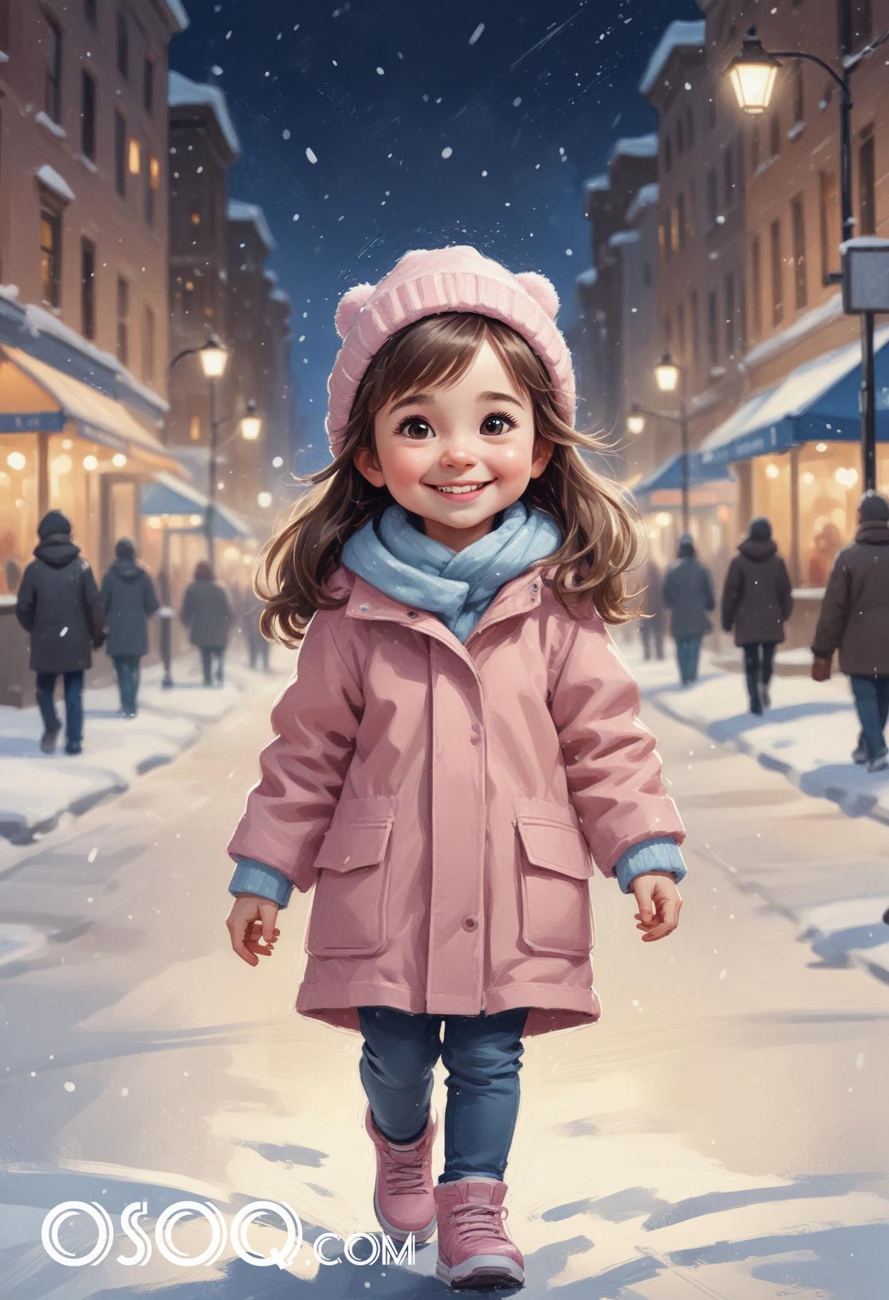 Winter london little girl cartoon portrait drawing 14