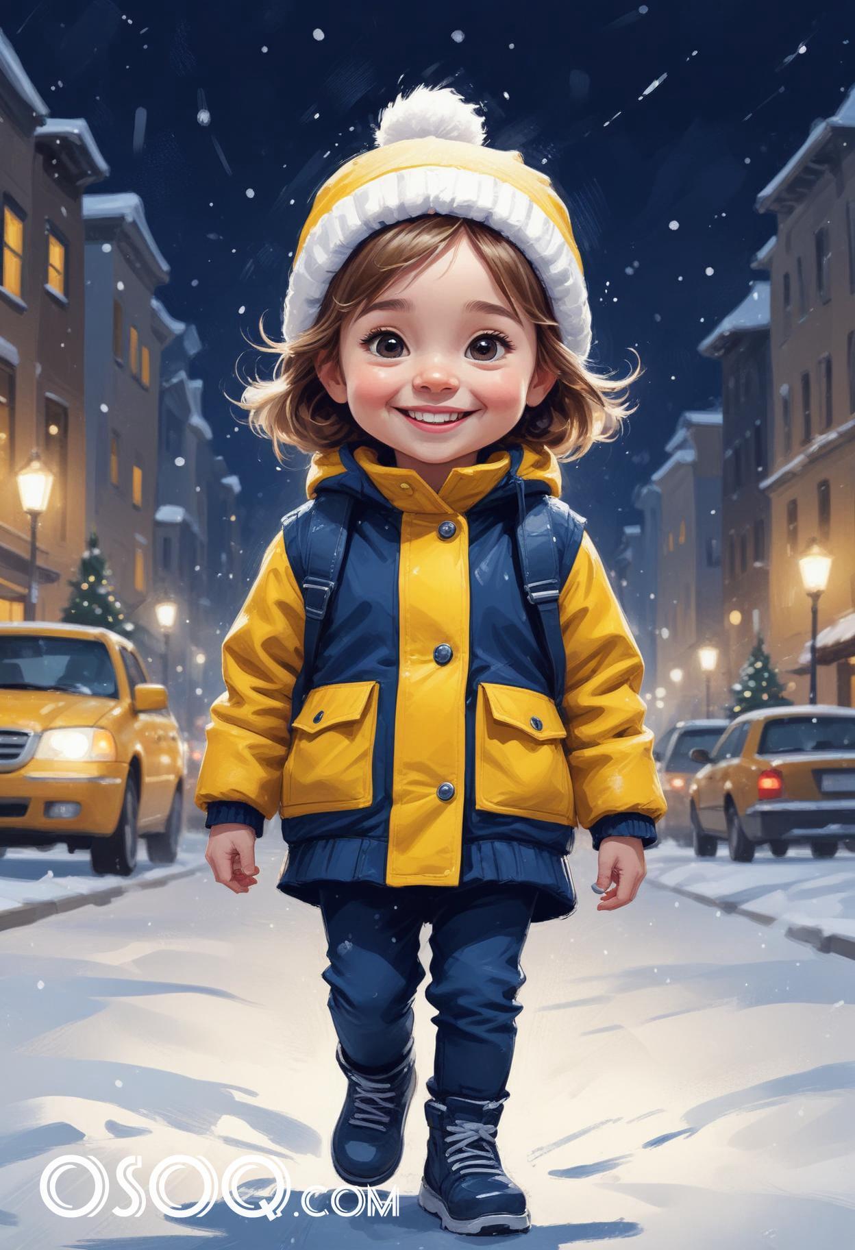 Winter london little girl cartoon portrait drawing 18