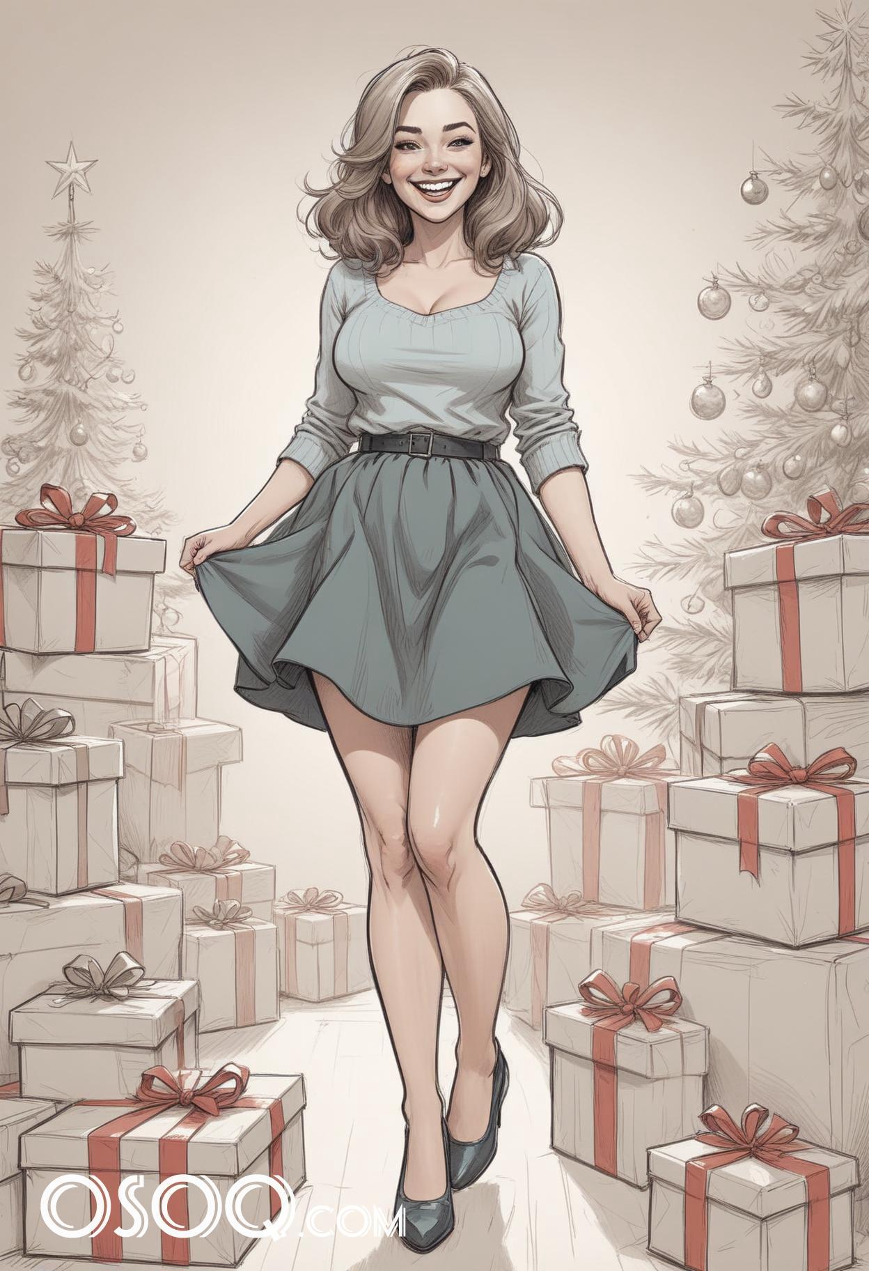 Black and white christmas cute girl cartoon drawing 01