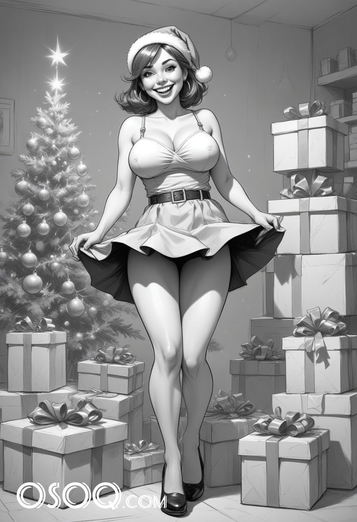 Black and white christmas cute girl cartoon drawing 02