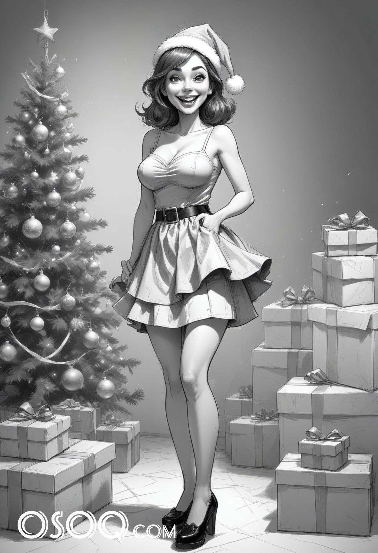 Black and white christmas cute girl cartoon drawing 03