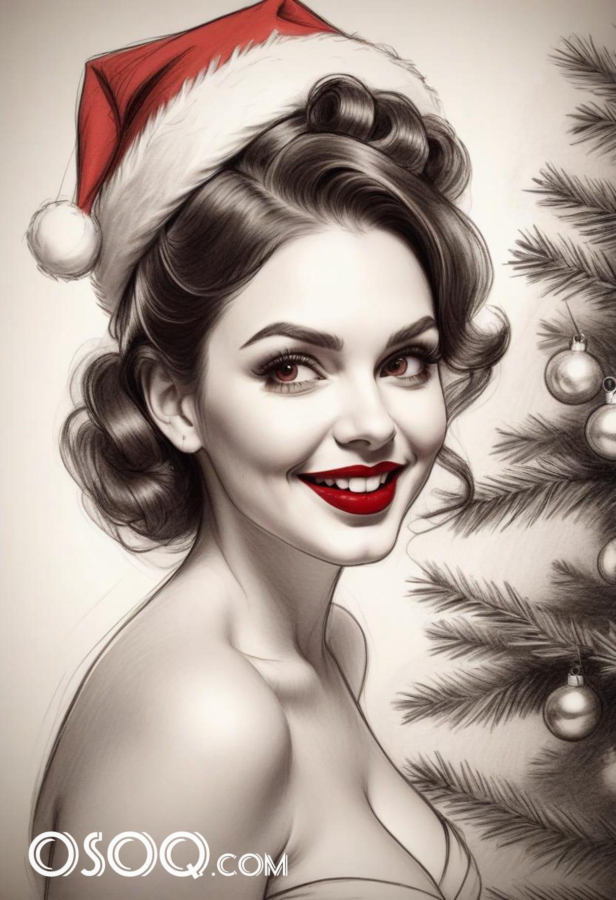 Black and white christmas cute girl cartoon drawing 05