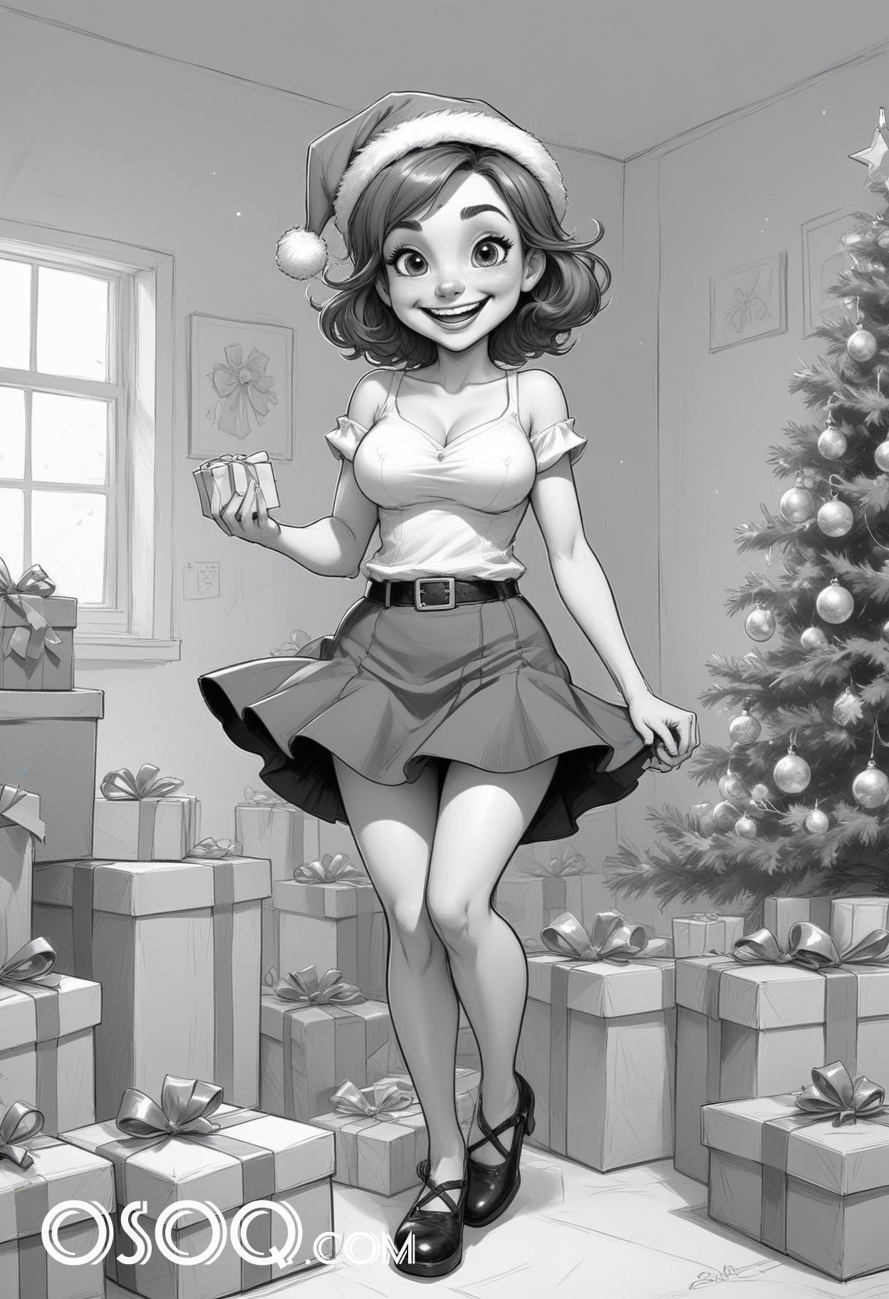 Black and white christmas cute girl cartoon drawing 07