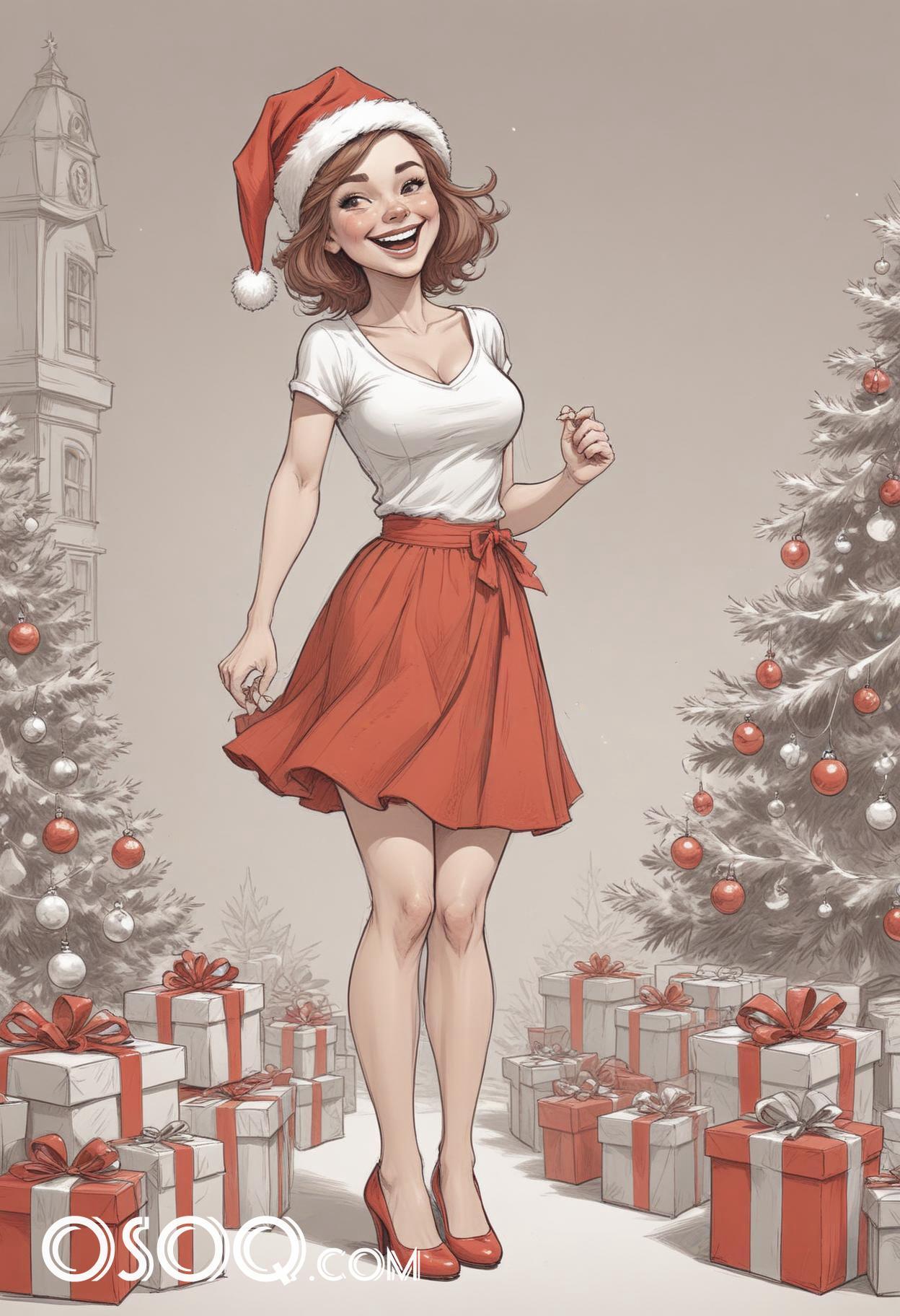 Black and white christmas cute girl cartoon drawing 08