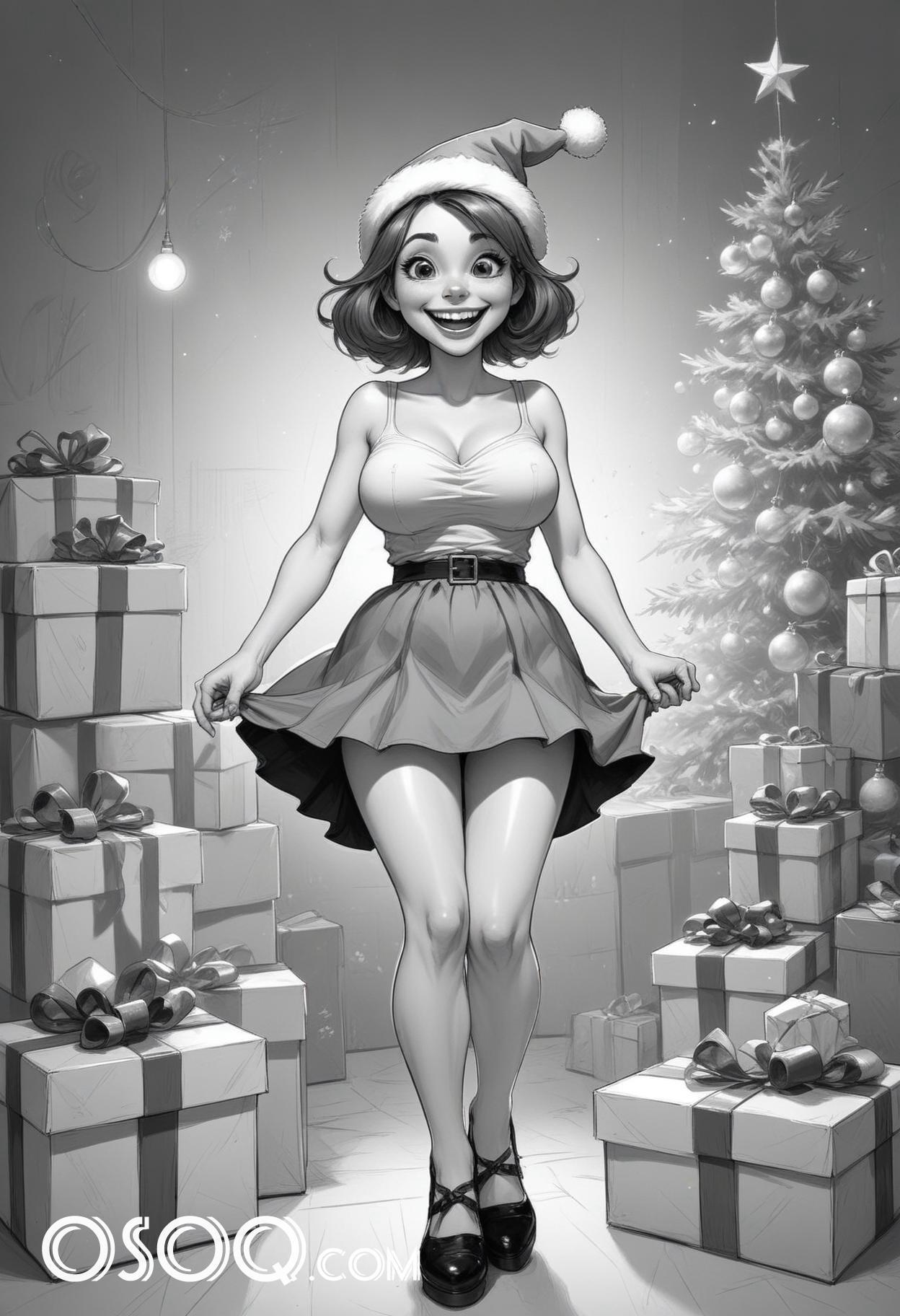 Black and white christmas cute girl cartoon drawing 09