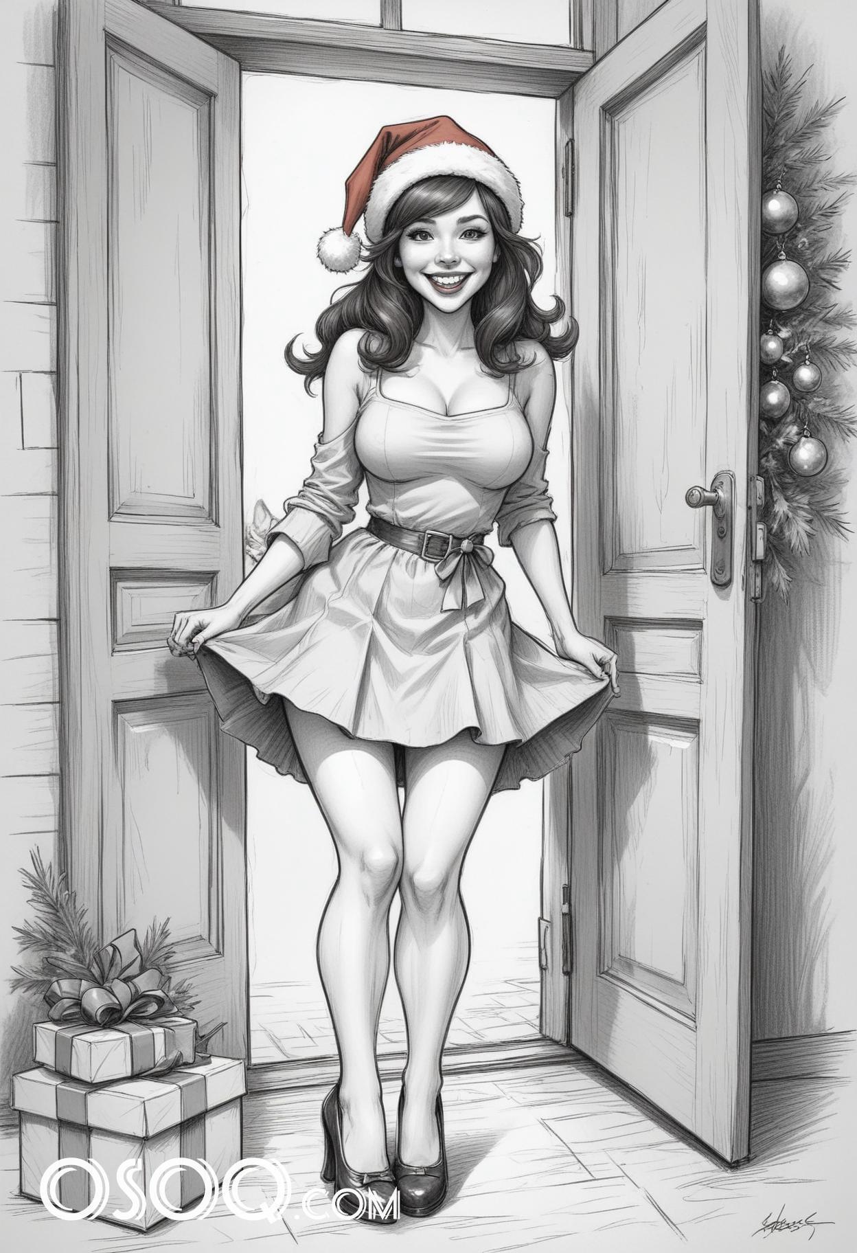 Black and white christmas cute girl cartoon drawing 10