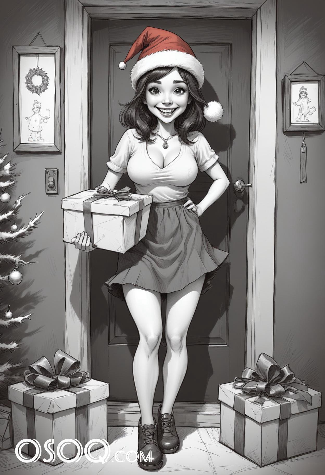 Black and white christmas cute girl cartoon drawing 11