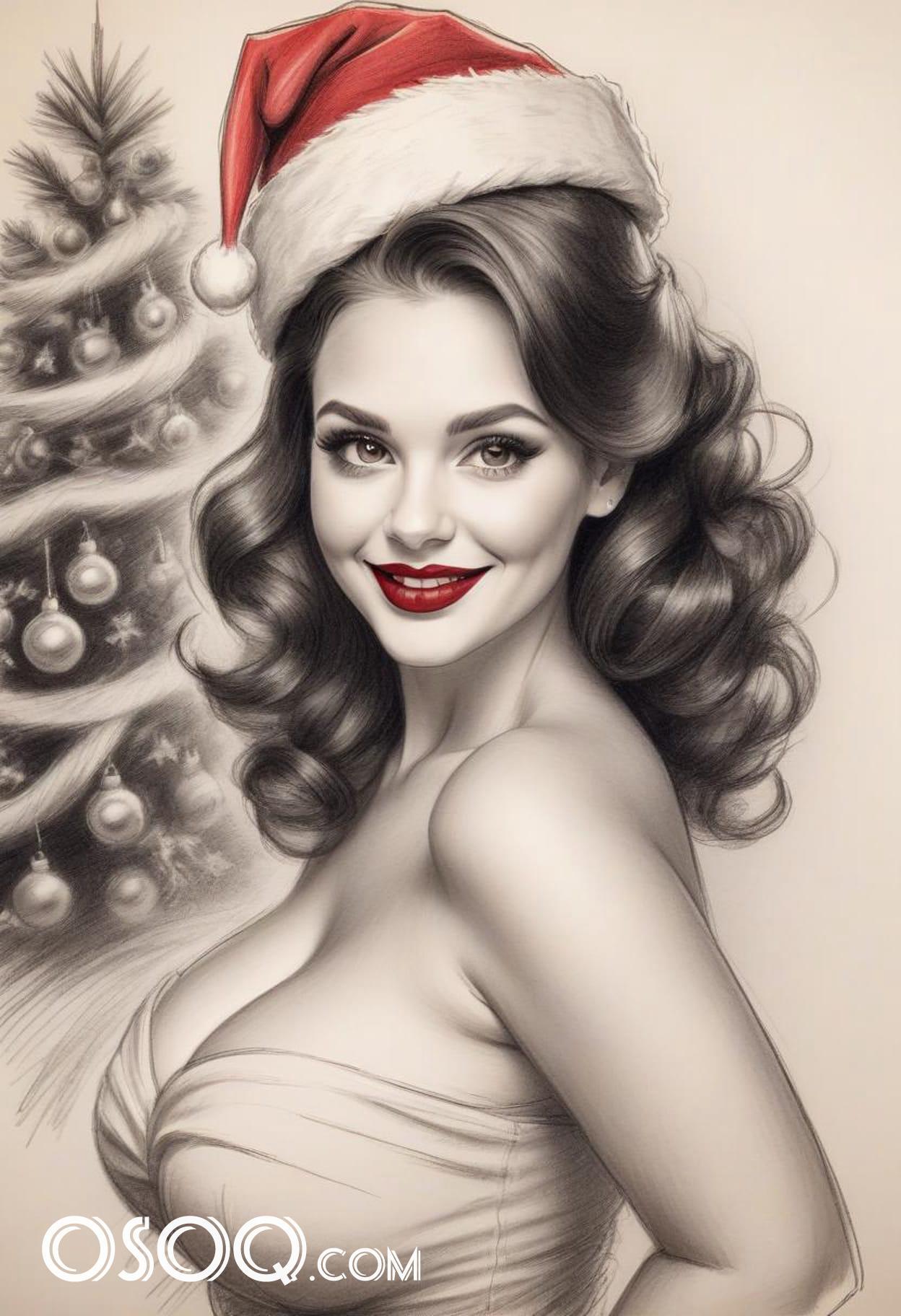 Black and white christmas cute girl cartoon drawing 14