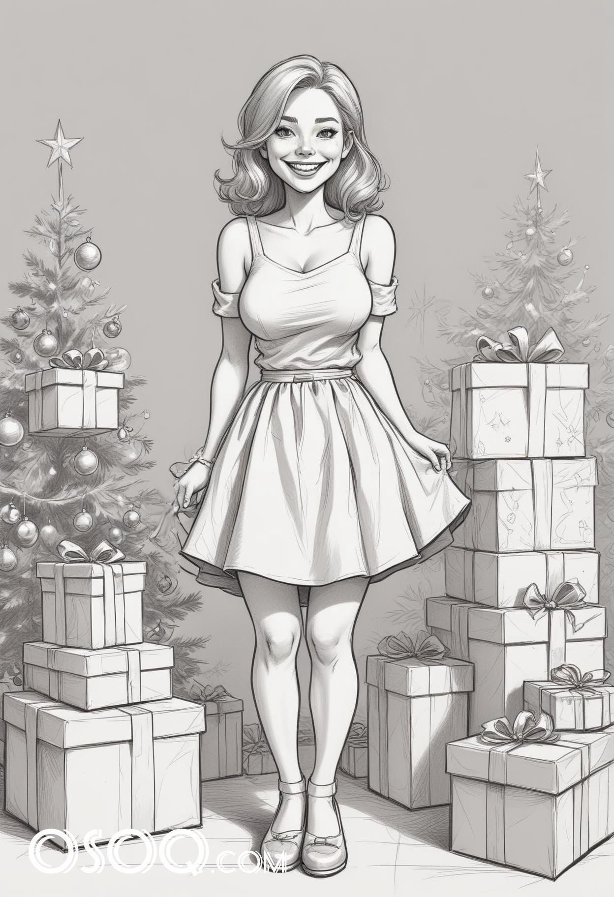 Black and white christmas cute girl cartoon drawing 15