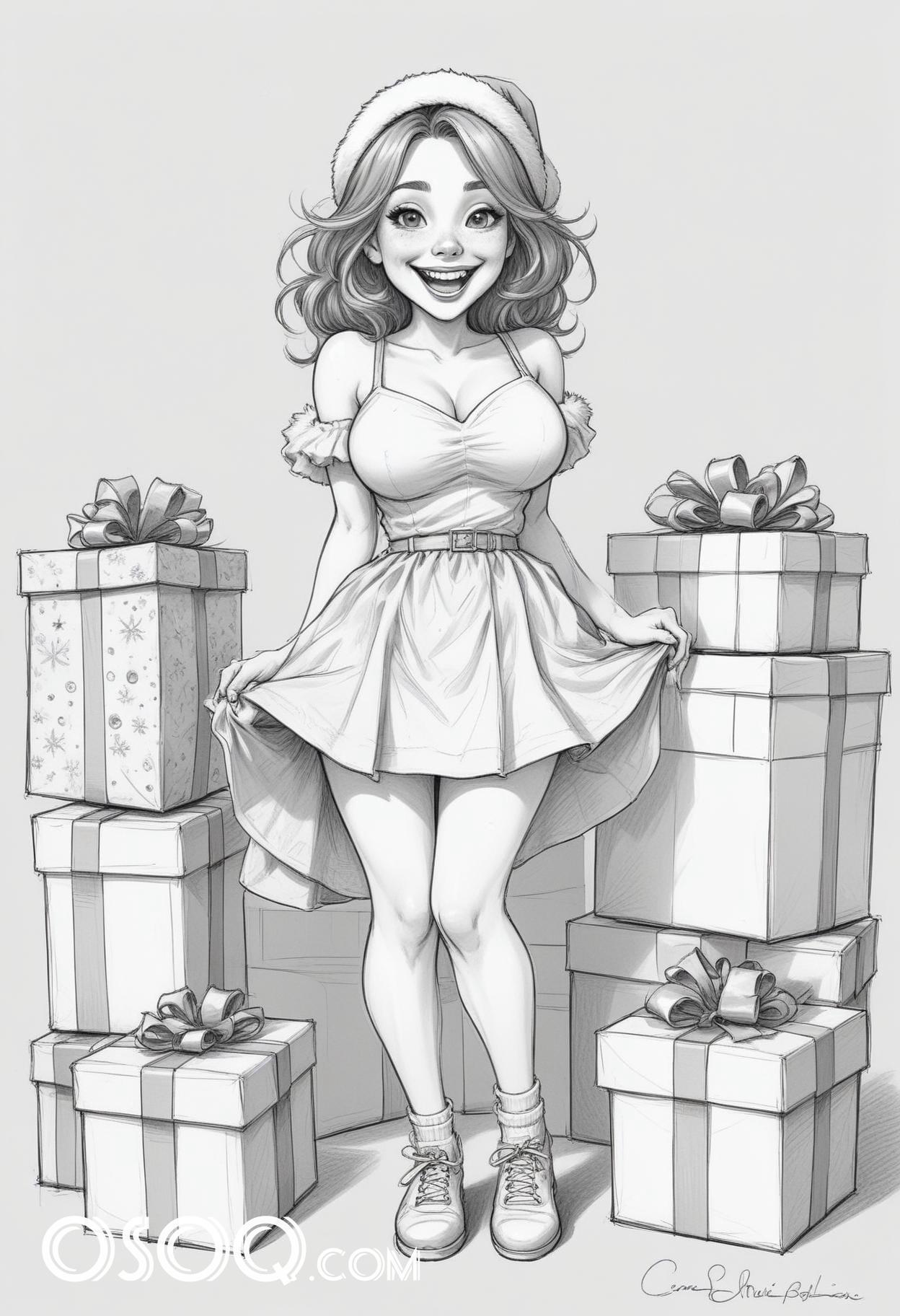 Black and white christmas cute girl cartoon drawing 17