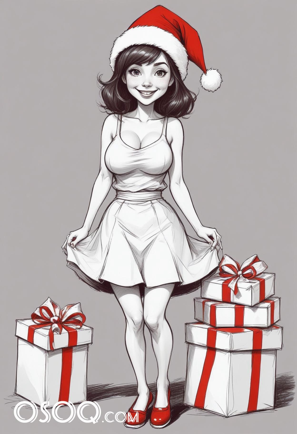 Black and white christmas cute girl cartoon drawing 18