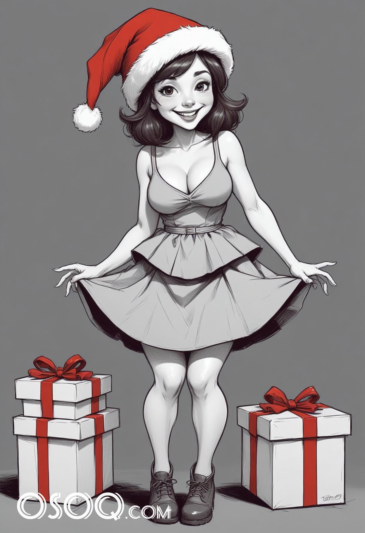 Black and white christmas cute girl cartoon drawing 19