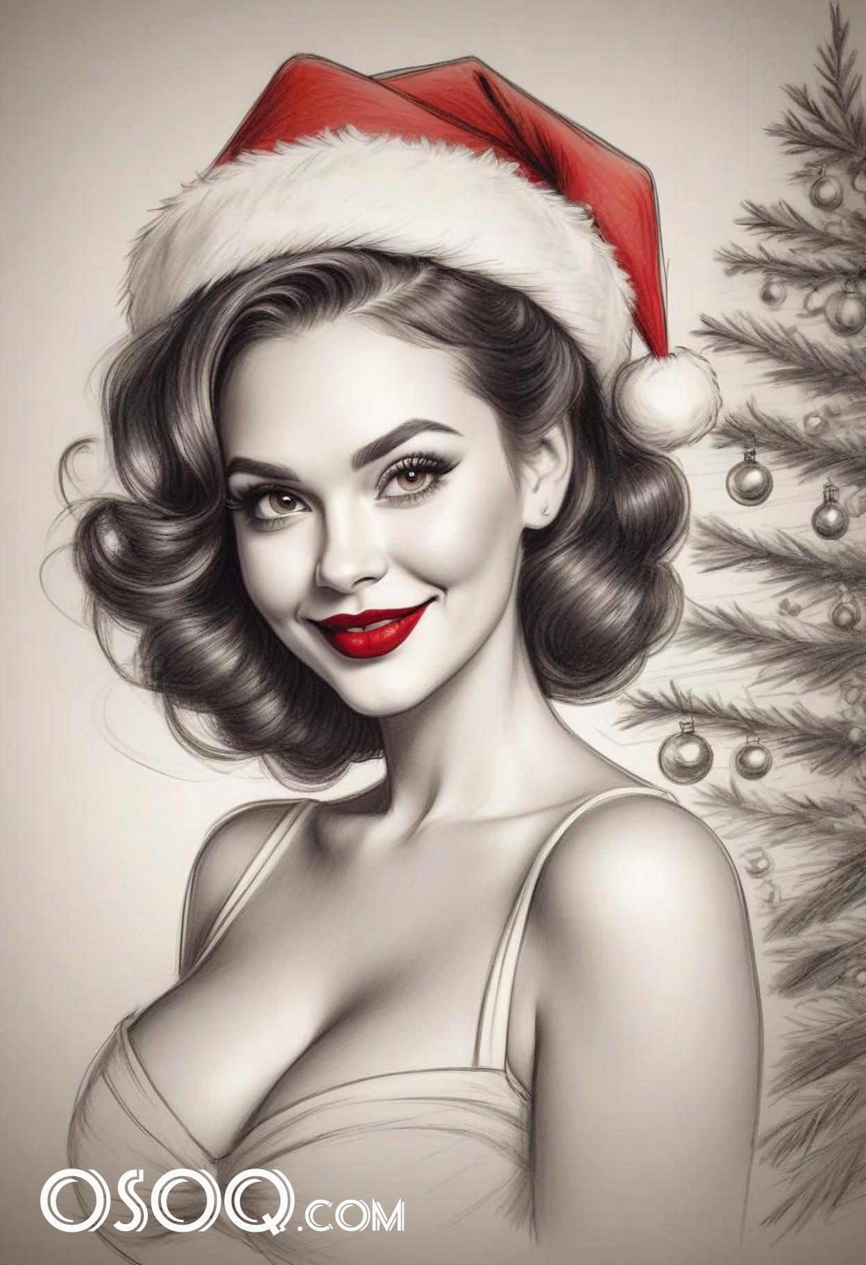 Black and white christmas cute girl cartoon drawing 20