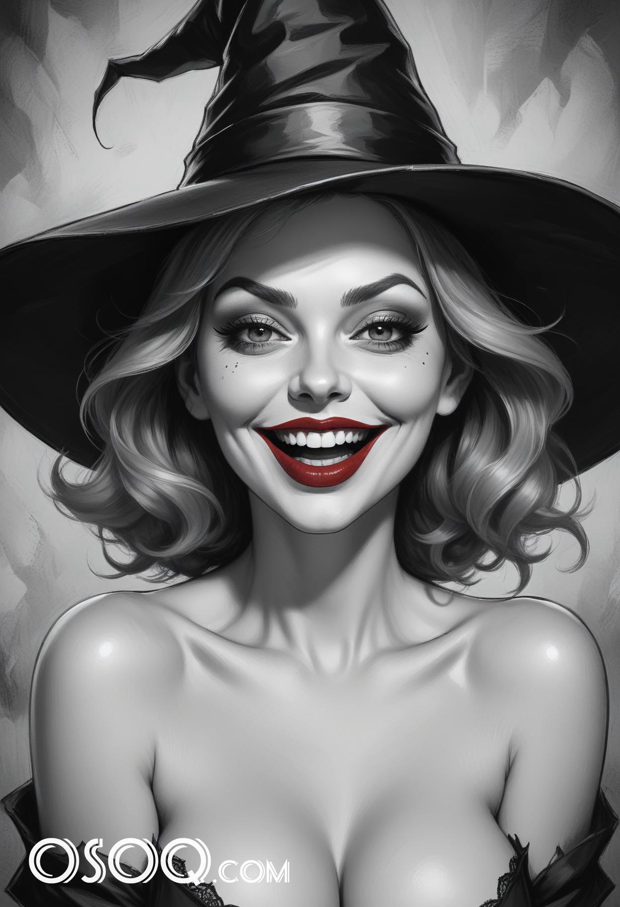 Black and white halloween cute girl cartoon drawing 01