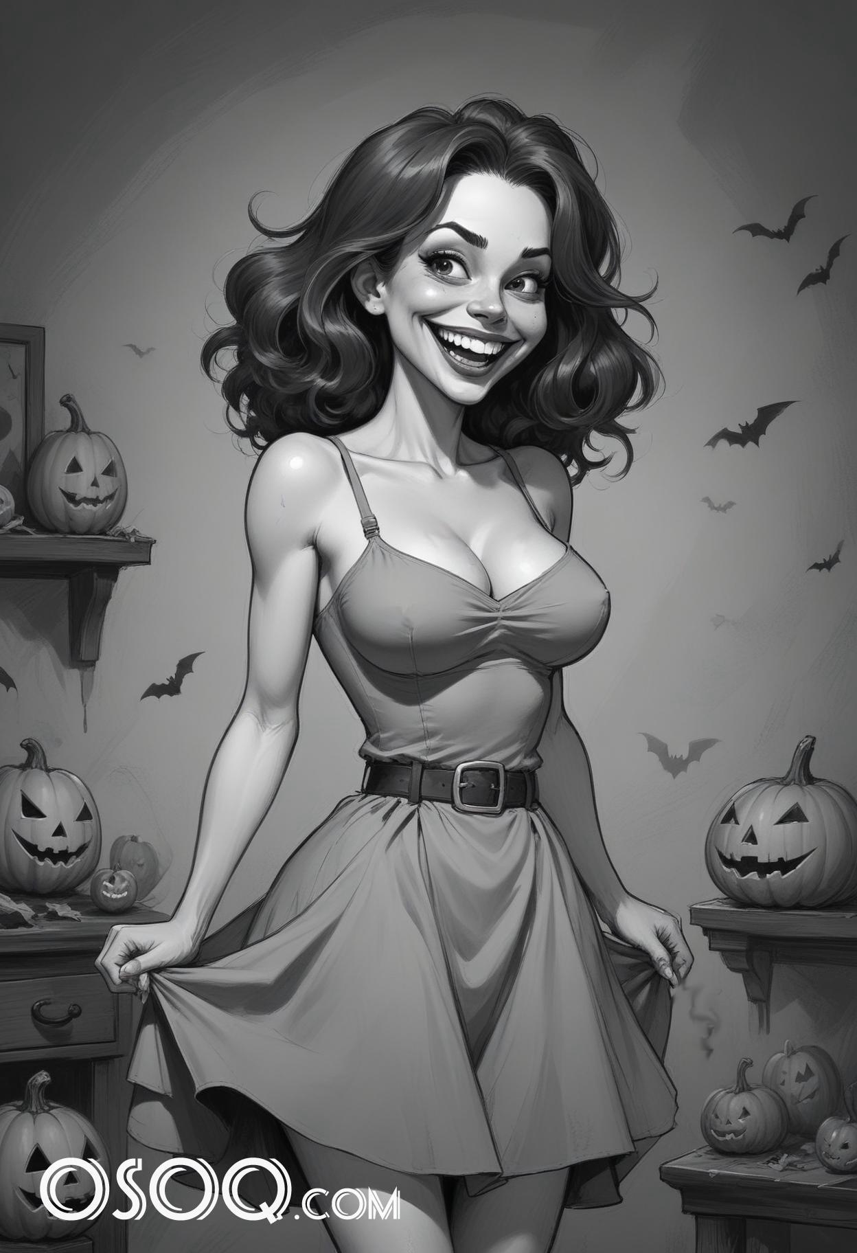 Black and white halloween cute girl cartoon drawing 02